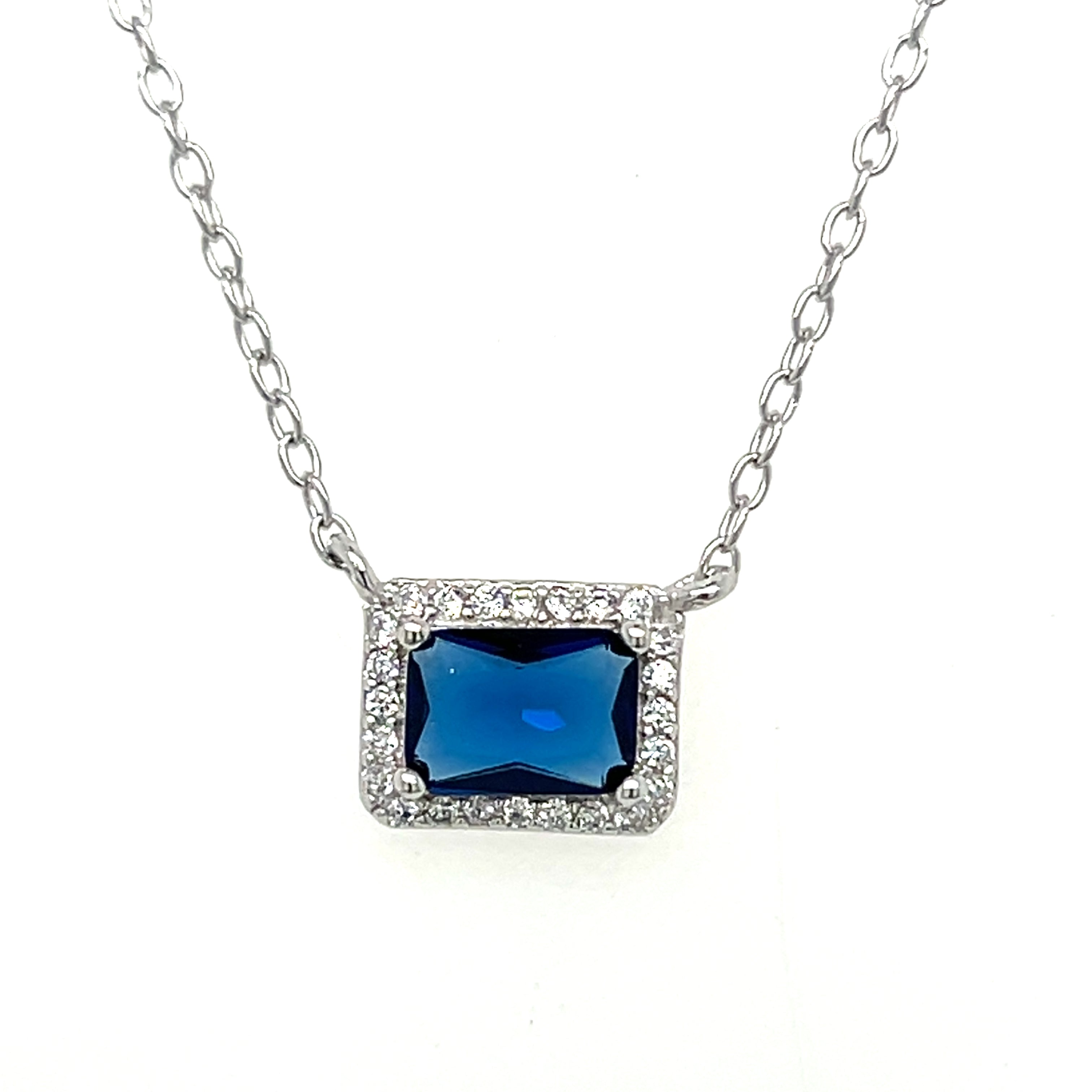 Sterling Silver Cubic Zirconia Emerald Cut Necklace with Blue Stone