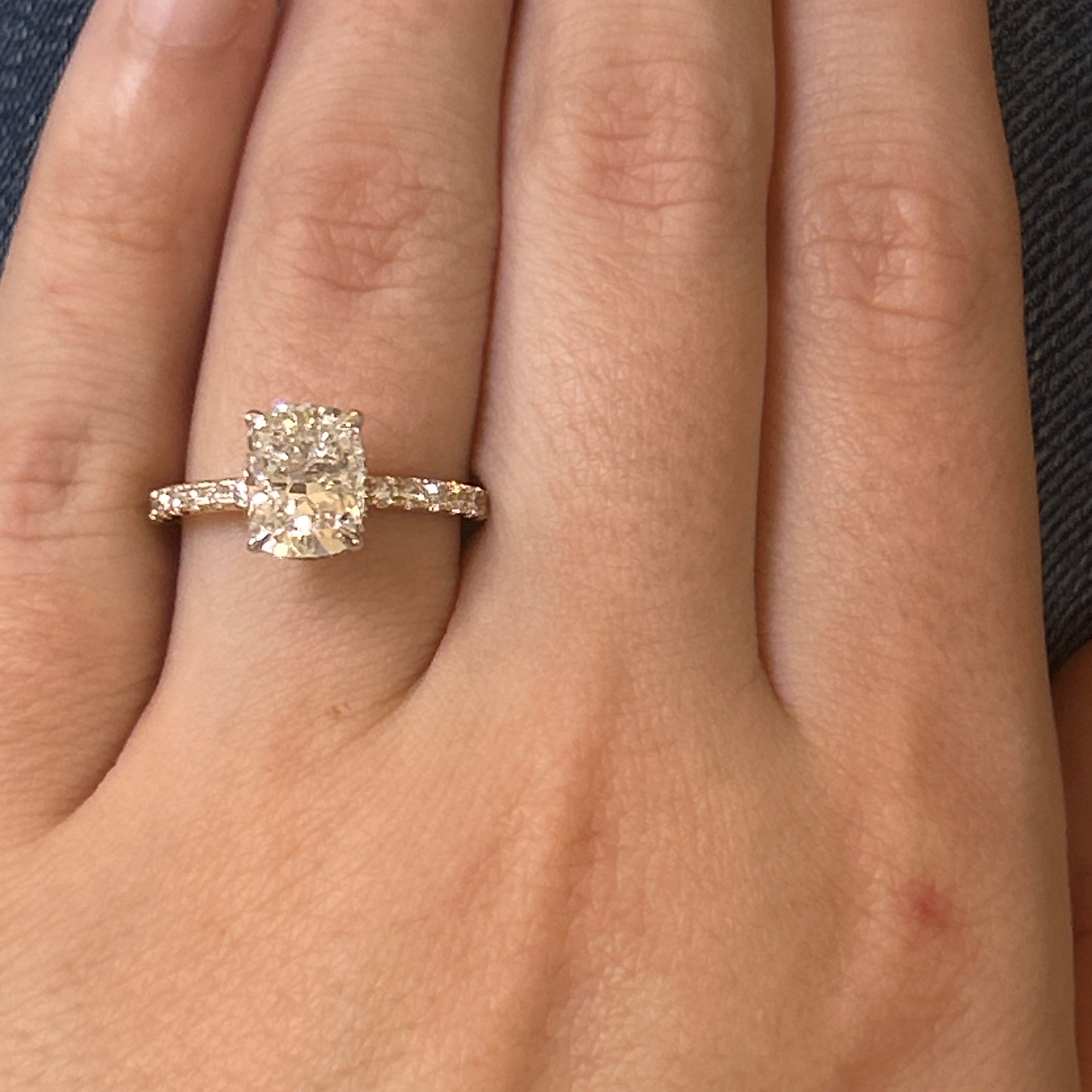 14KTT 2.05CT Cushion Center & 0.39 Carat Total Weight Pave Round on Band & Hidden Halo Lab Grown Diamond Engagement Ring