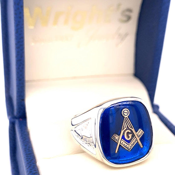 Sterling Silver Blue Stone Masonic Ring