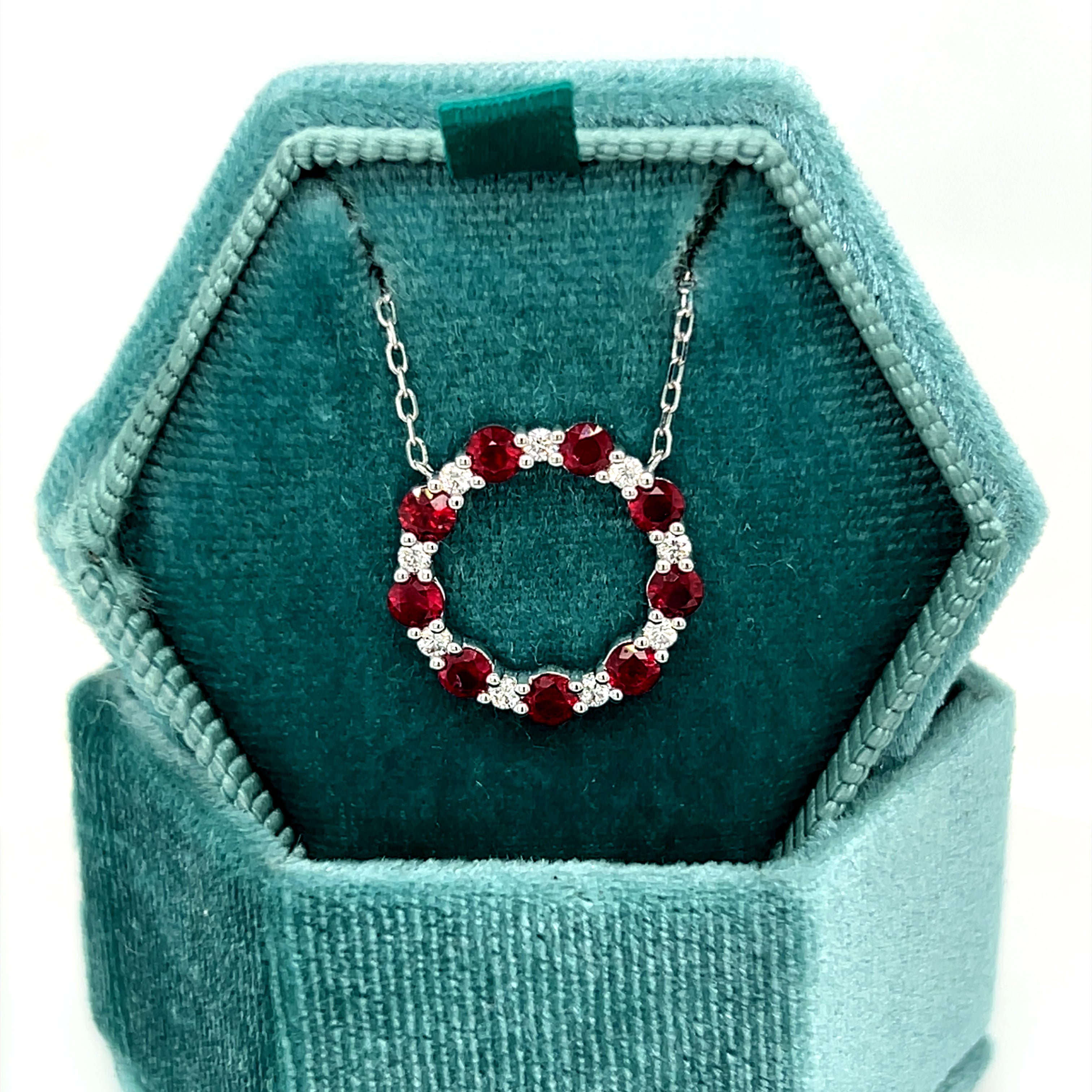 White Gold Ruby and Diamond Circle Pendant Necklace