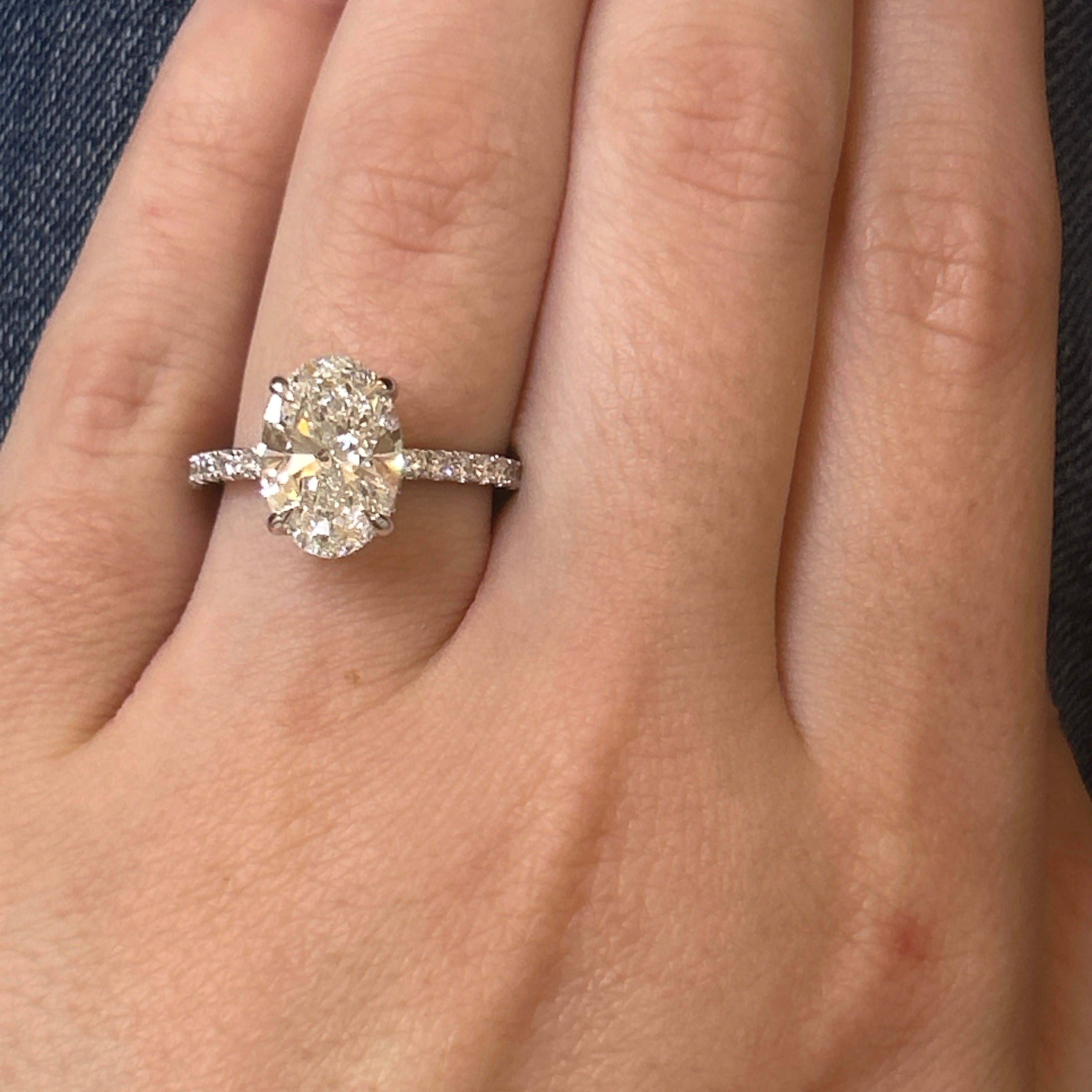 14K White Gold 3.02CT Oval Center and 3.20 Carat Total Weight Round Pave on Band & Hidden Halo Lab Grown Diamond Engagement Ring