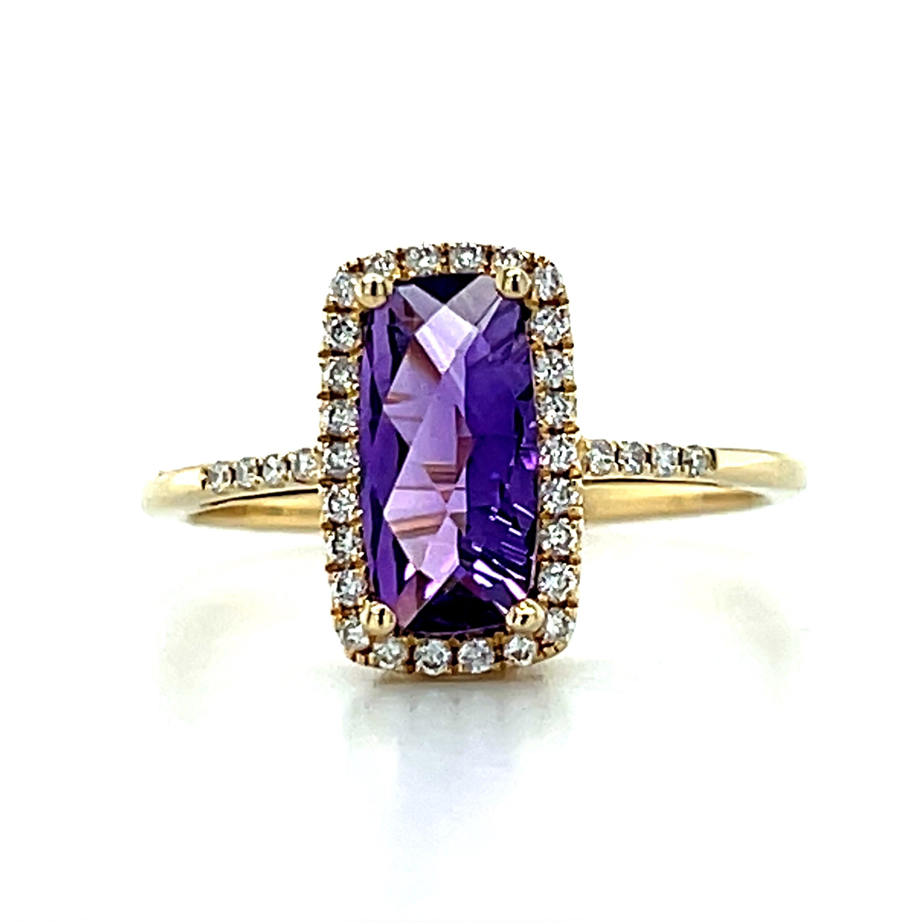14K Yellow Gold Checkerboard Cut Amethyst and Diamond Ring