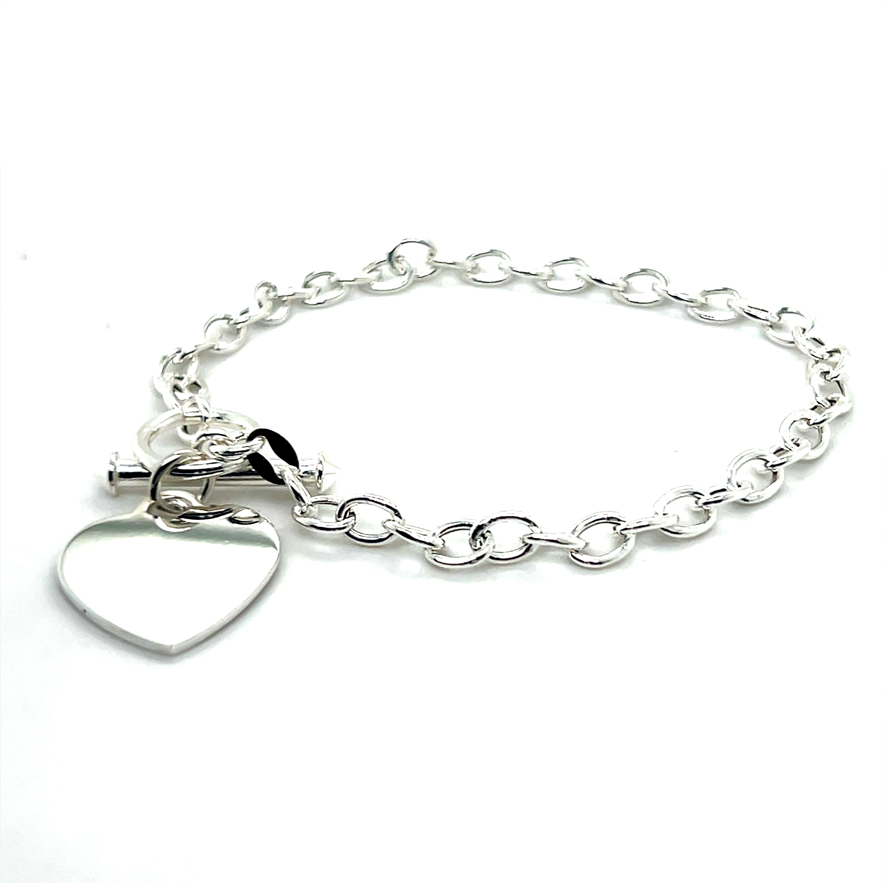 Sterling Silver Engravable Heart Charm Rolo Chain Toggle Bracelet 7.5"