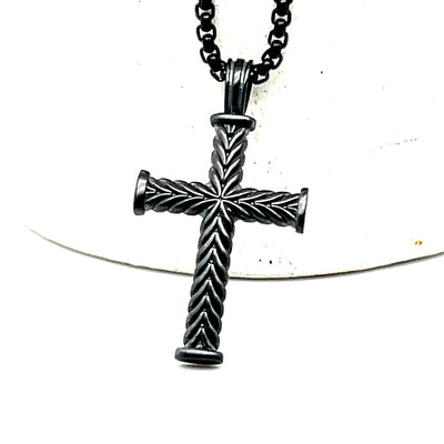 Stainless Steel Gunmetal-IP Matte Wave Cross Necklace 22"