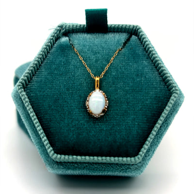 Yellow Gold Oval Opal and Diamond Pendant Necklace