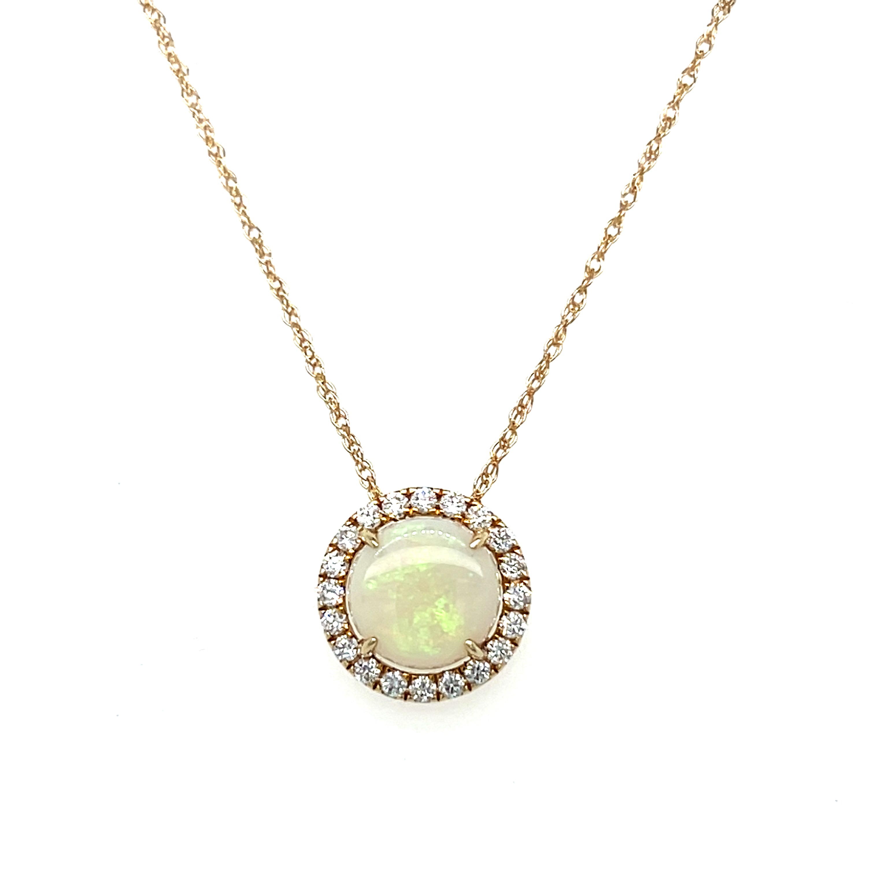 Yellow Gold Round Opal and Diamond Pendant Necklace
