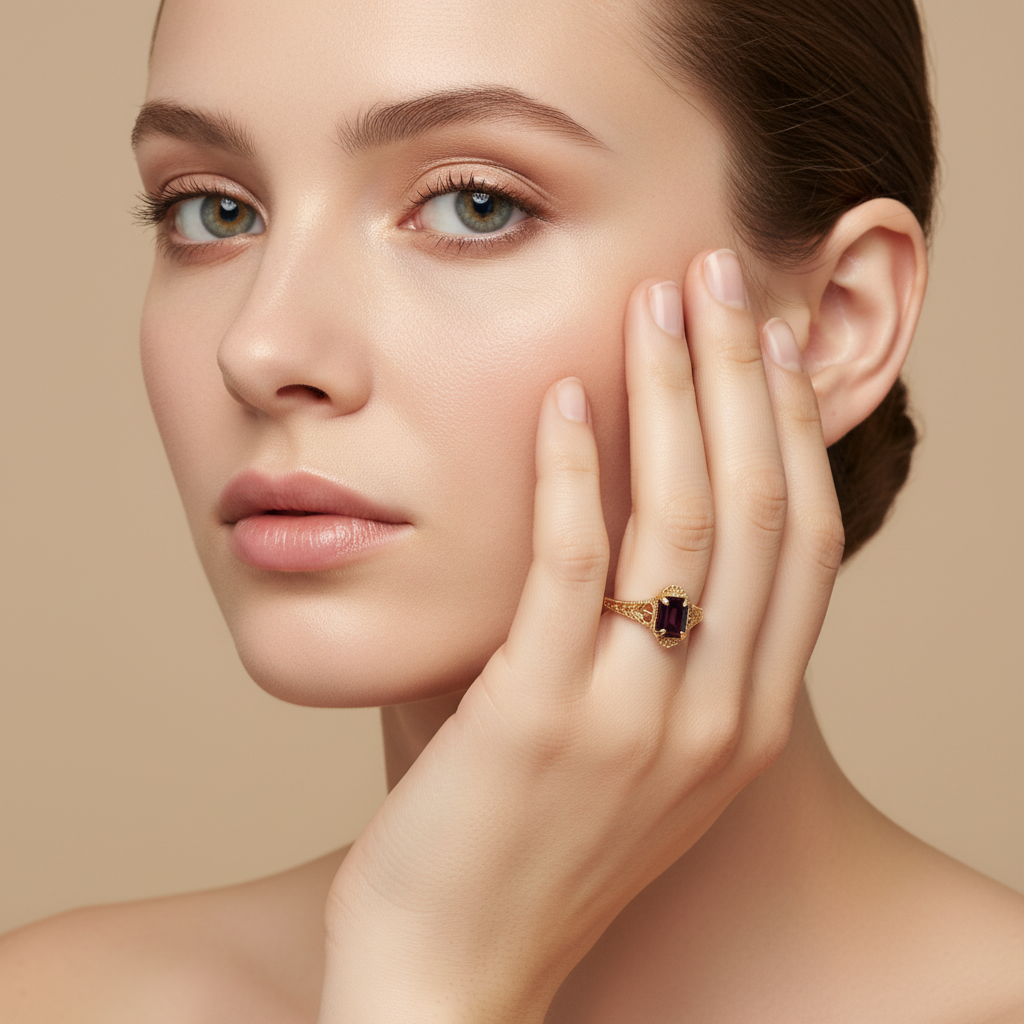 "Josephine" WJS Custom Set 14K Yellow Gold Emerald Cut Rhodolite Garnet Ring