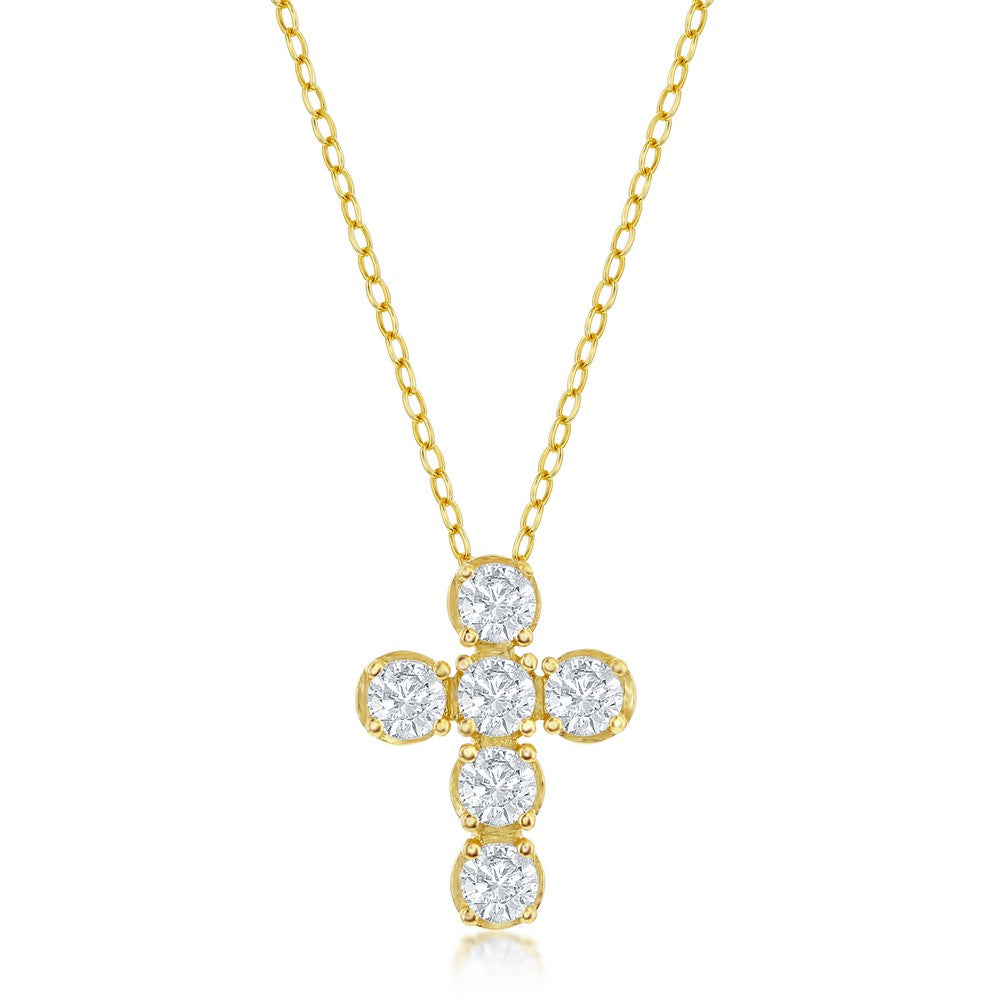 Sterling Silver Gold Plated Cubic Zirconia Cross Necklace 16+2"