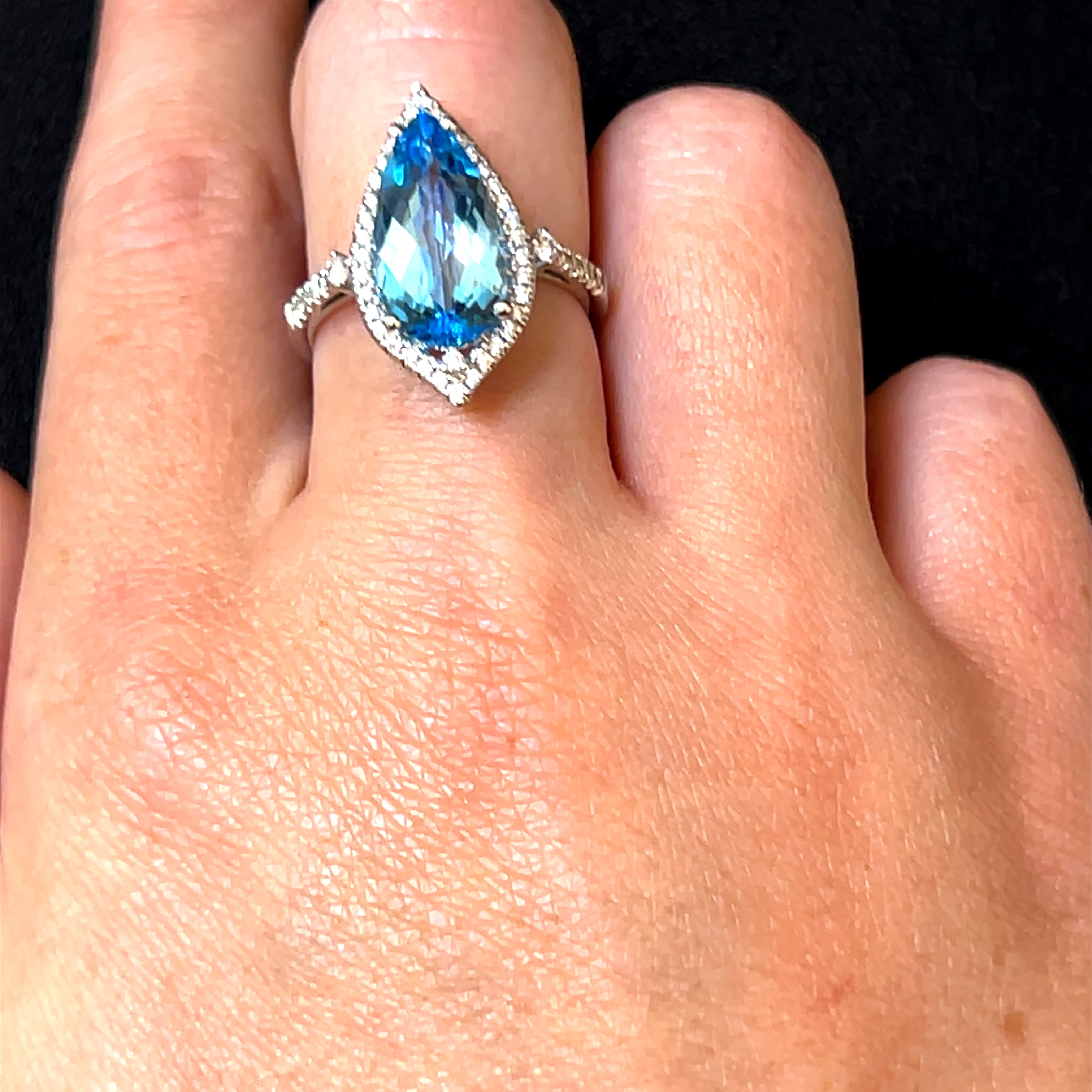 14K White Gold Pear-Shaped Blue Topaz and Diamond Halo Ring