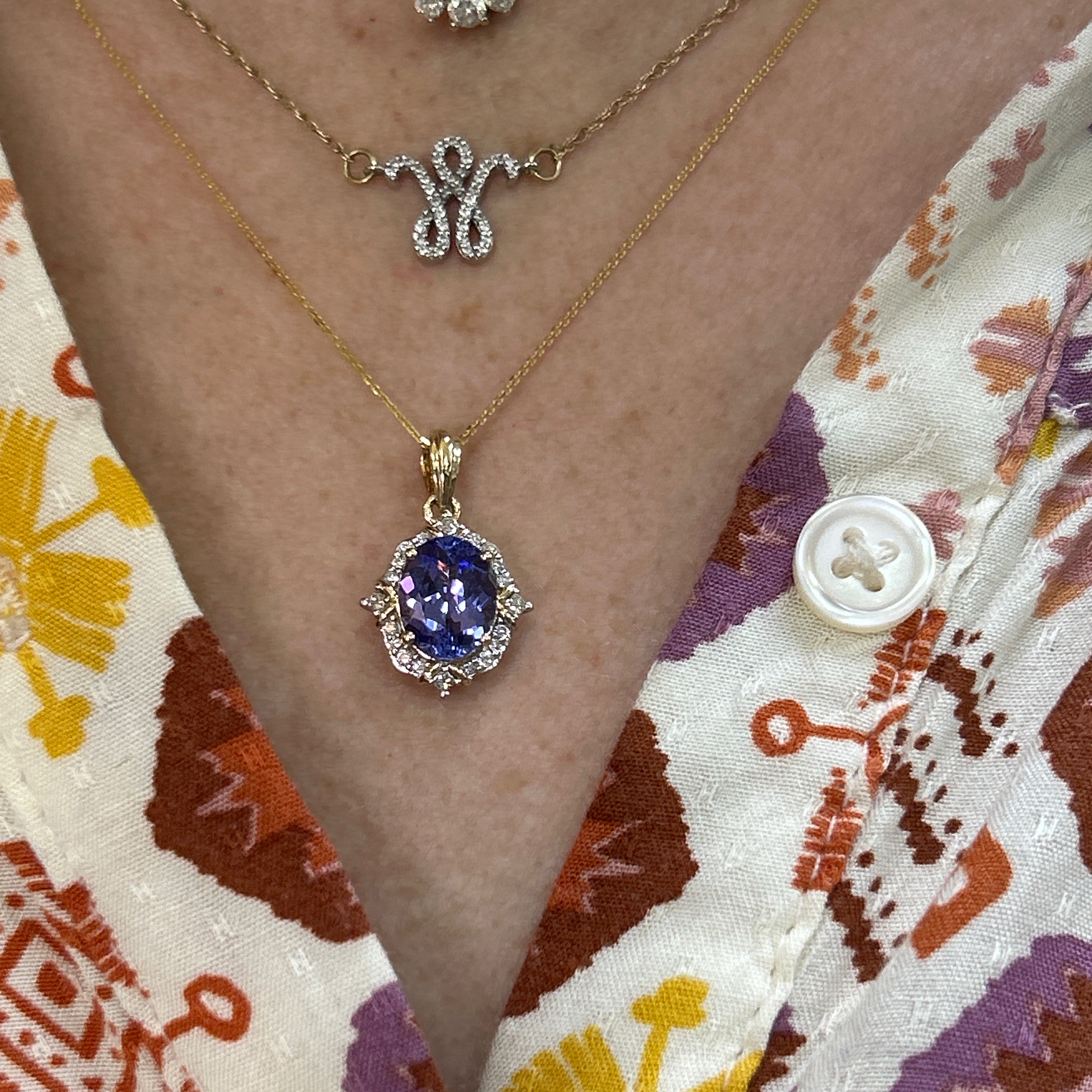 Yellow Gold Tanzanite and White Diamond Pendant