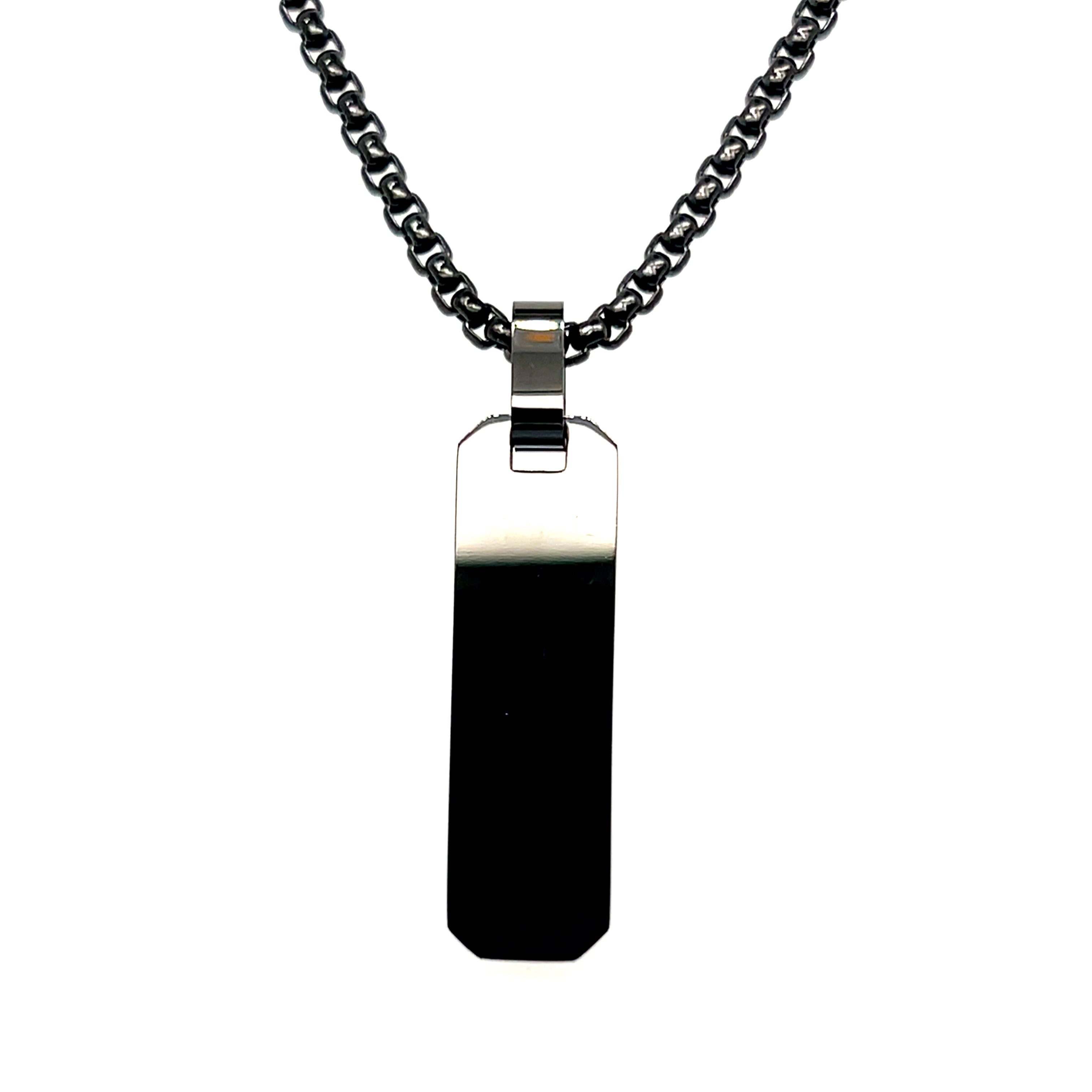 Stainless Steel Gunmetal-IP Brushed and Polished Small Rectangle Dog Tag Necklace 22"