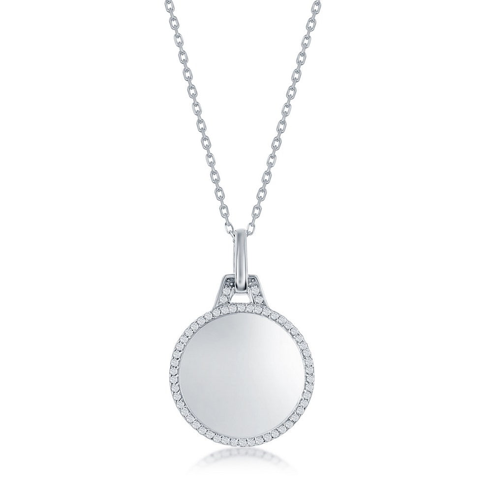 Sterling Silver Polished Engravable Circle with Cubic Zirconia Border Necklace 16+2"