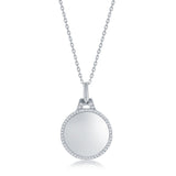 Sterling Silver Polished Engravable Circle with Cubic Zirconia Border Necklace 16+2"