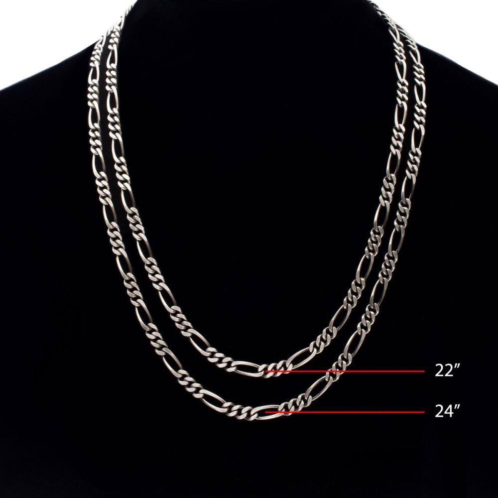 Men's Silver Black Rodium Plated Brushed Satin Finish Figaro Chain 22"