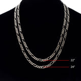 Men's Silver Black Rodium Plated Brushed Satin Finish Figaro Chain 22"