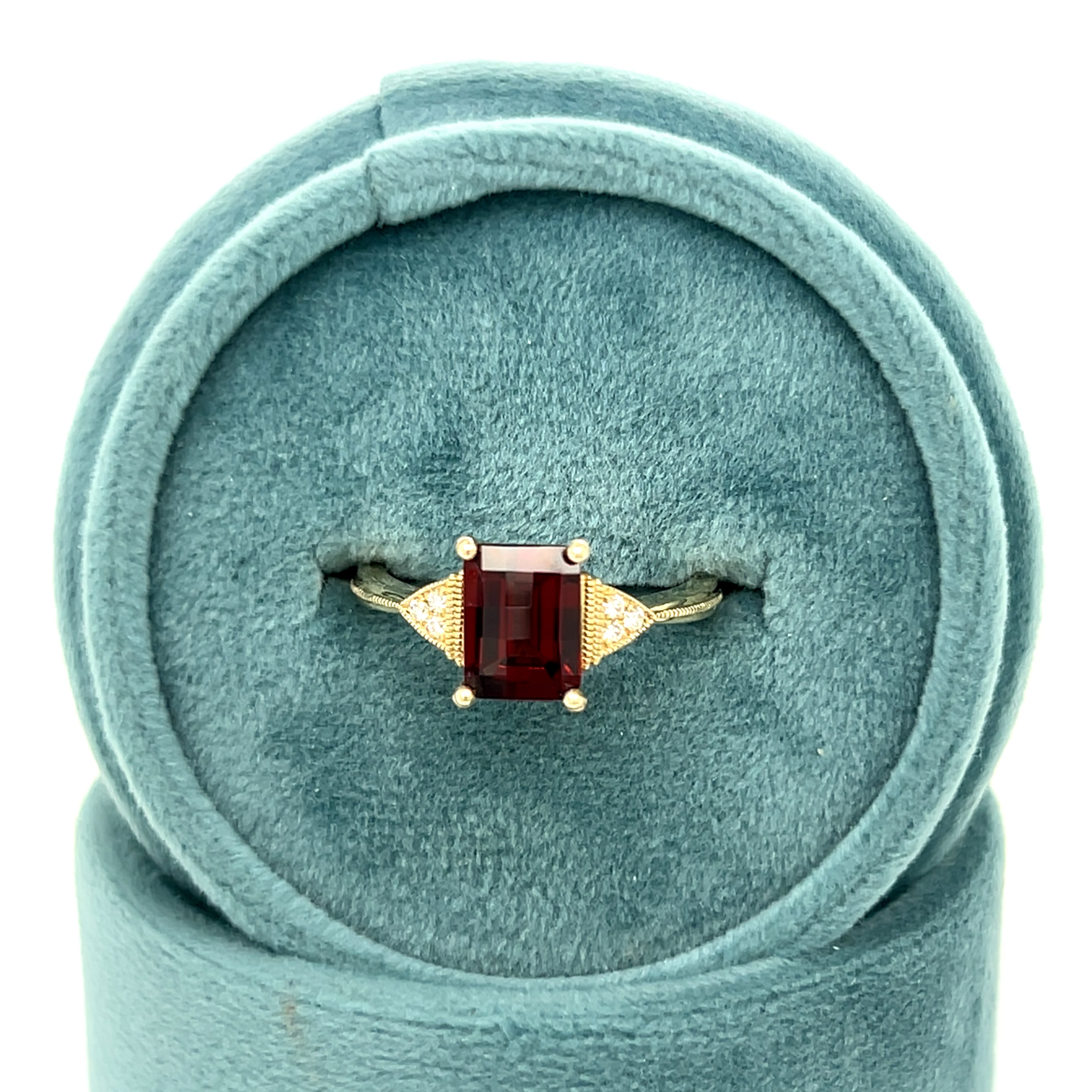 "Claudette" WJS Custom Set 14K Yellow Gold Checkerboard Garnet and Diamond Ring with Milgrain