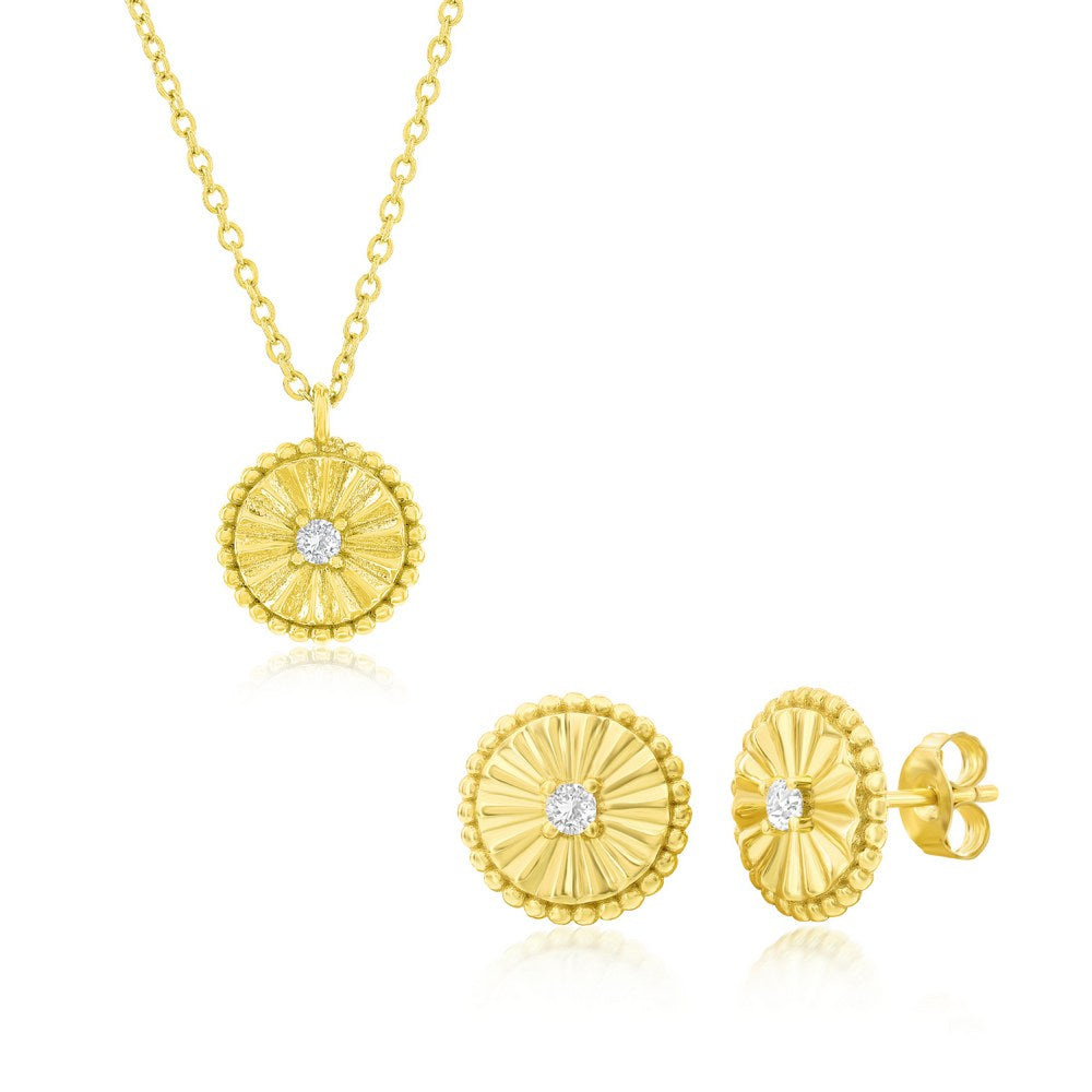Sterling Silver Gold Plated Beaded Diamond-Cut Round Cubic Zirconia Necklace and Earrings Set