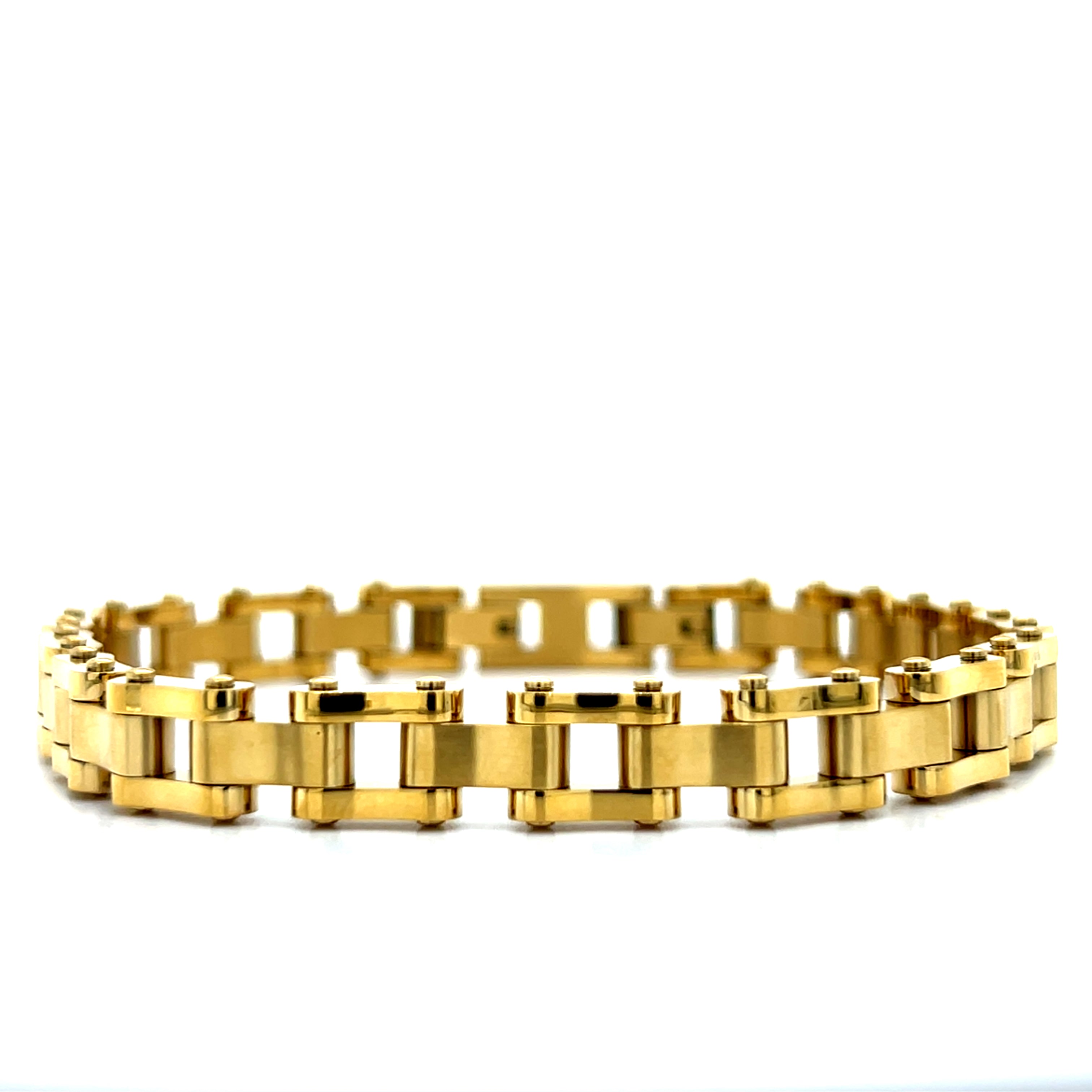 Stainless Steel Gold IP Bike Link Brushed and Polished Bracelet 8+0.5"