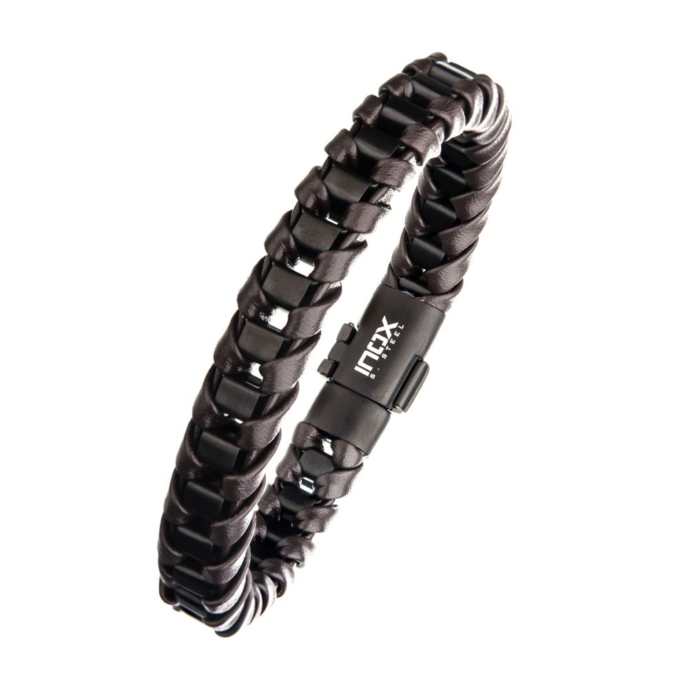 Men's Brown Leather Bracelet with Black IP Accents