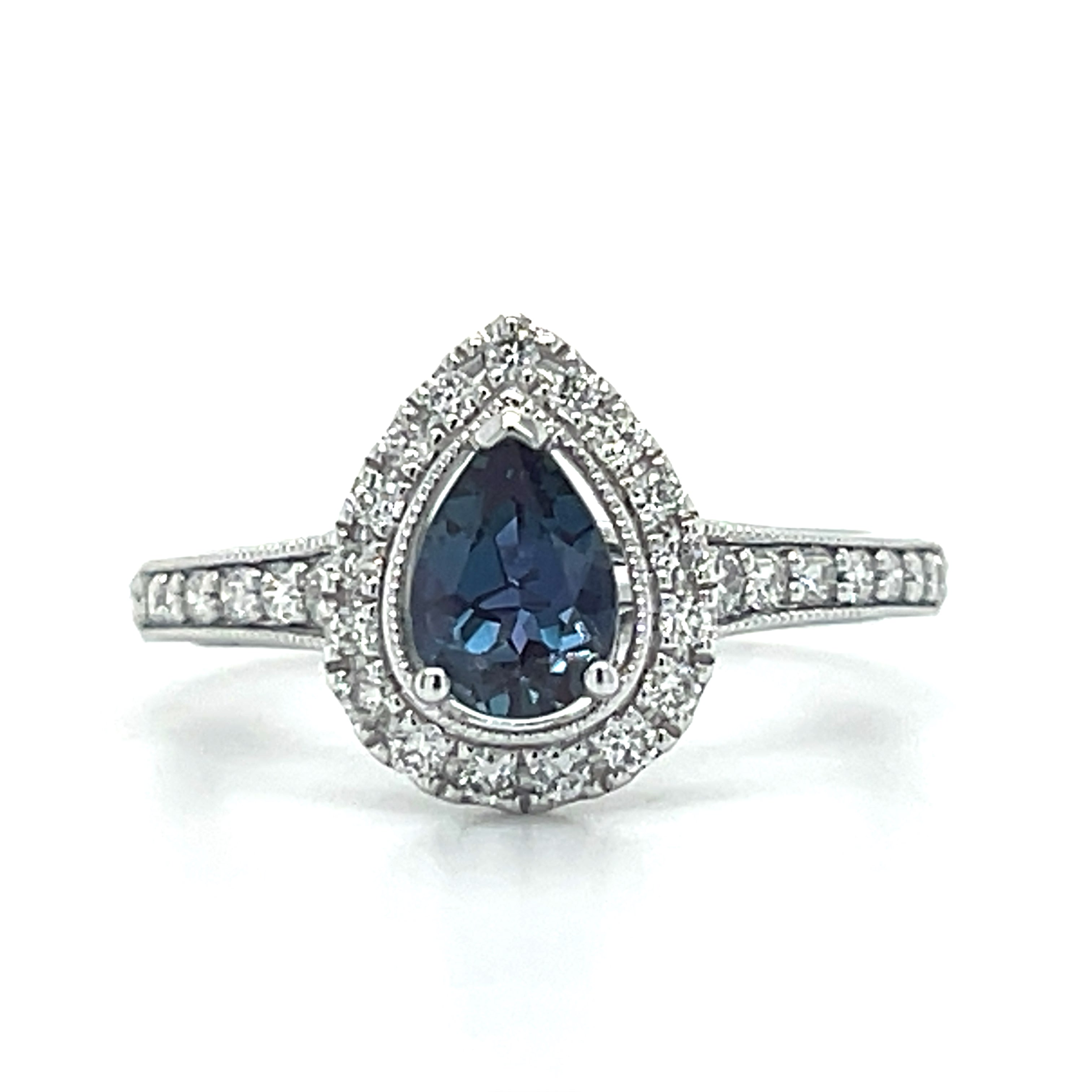 14K White Gold Pear-Shaped Created Alexandrite and Round Diamond Pear-Shaped Ring