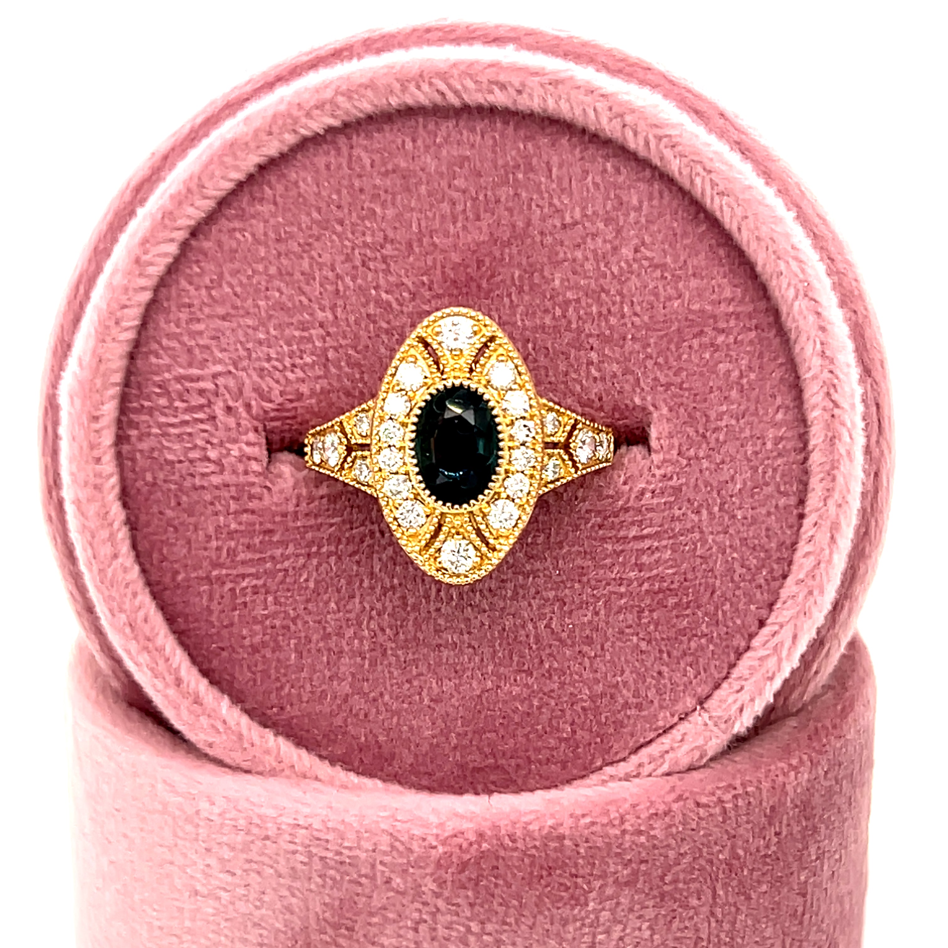 Yellow Gold Oval Teal Sapphire and Diamond Vintage/Art Deco Style Ring