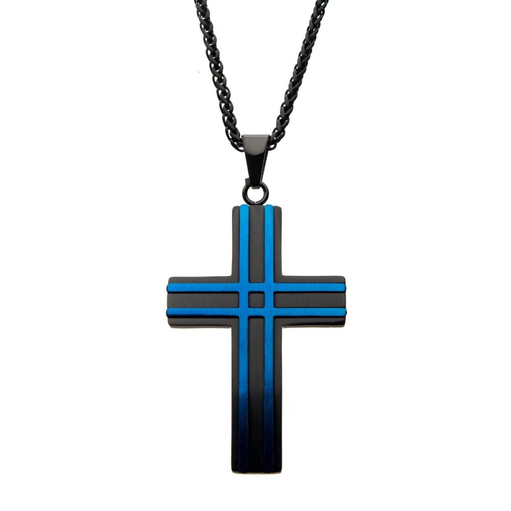 Men's Stainless Steel Blue and Black IP Layer Cross Pendant