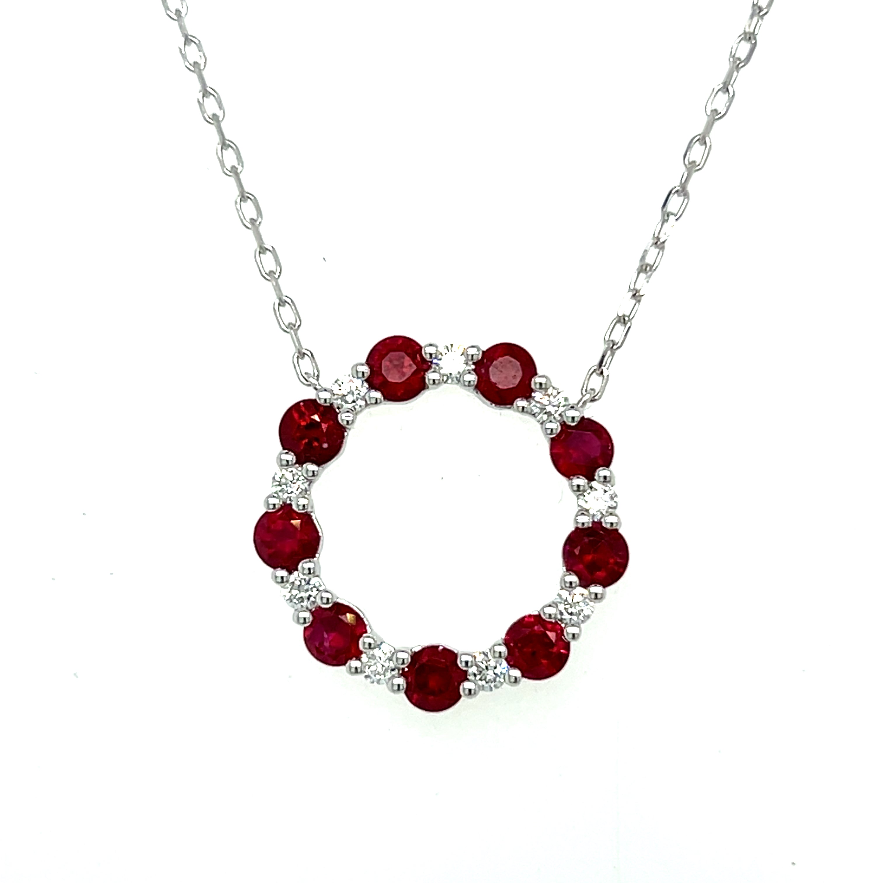 White Gold Ruby and Diamond Circle Pendant Necklace