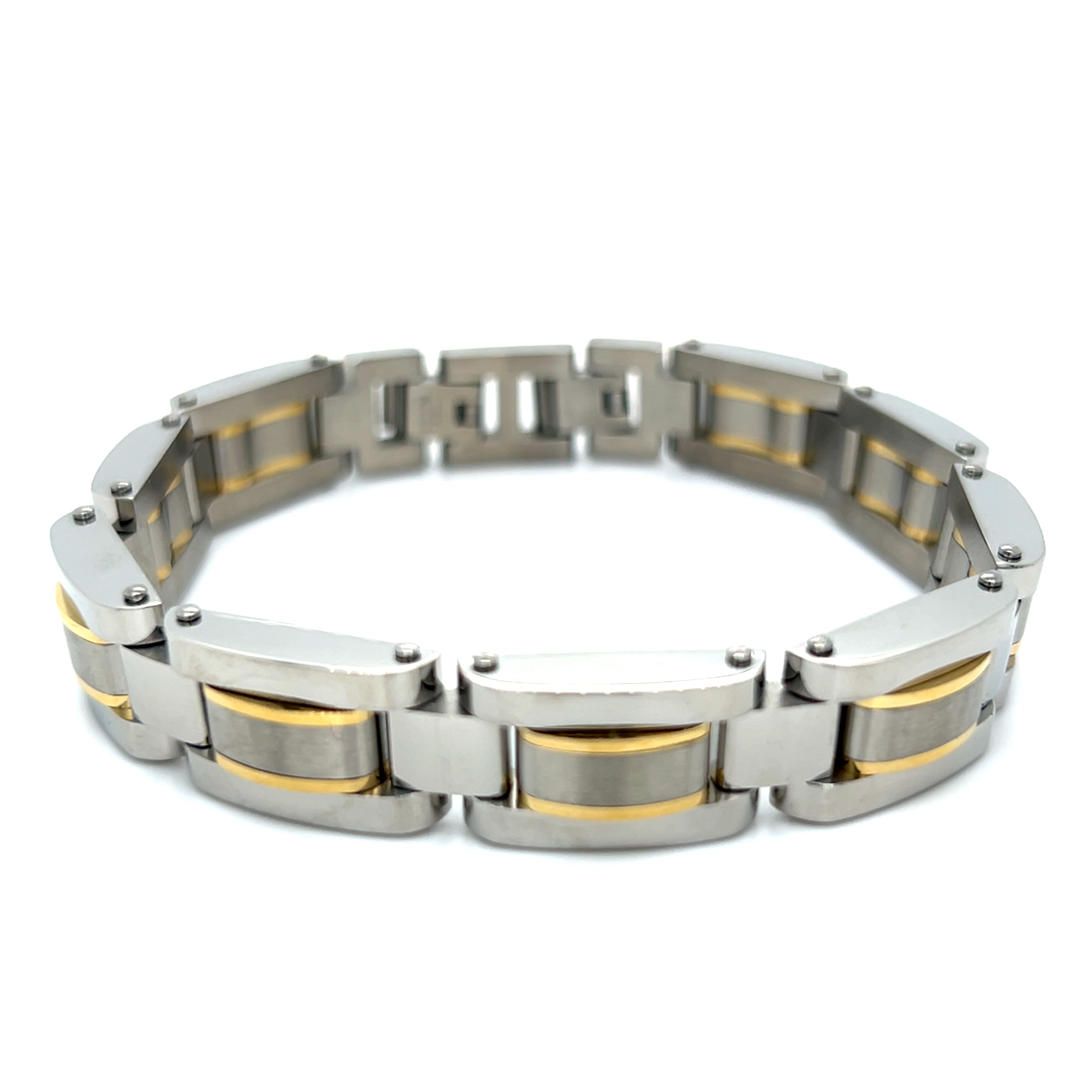 Men’s Stainless Steel Outer Gold-IP Stripe Link Bracelett