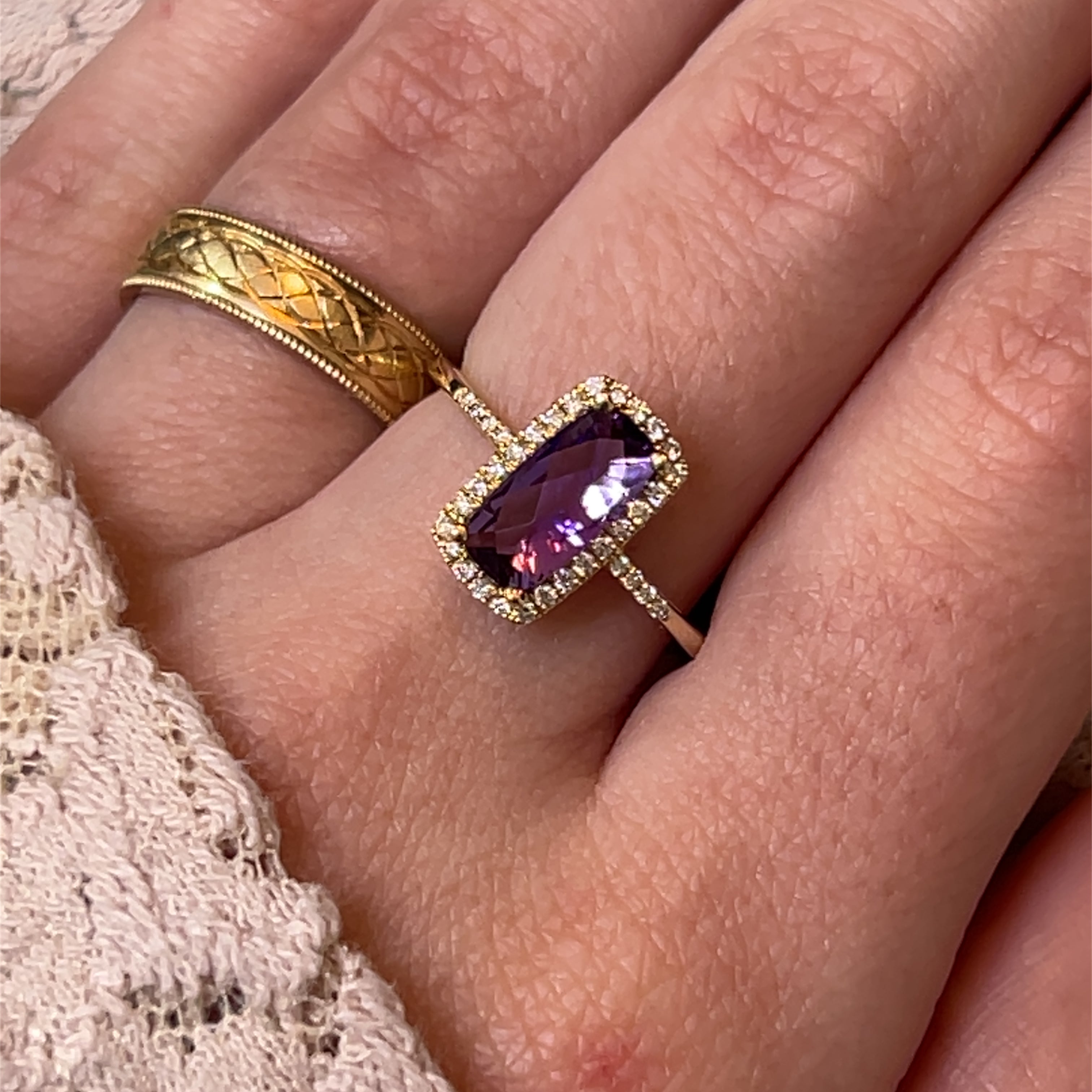 14K Yellow Gold Checkerboard Cut Amethyst and Diamond Ring