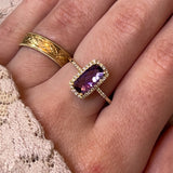 14K Yellow Gold Checkerboard Cut Amethyst and Diamond Ring