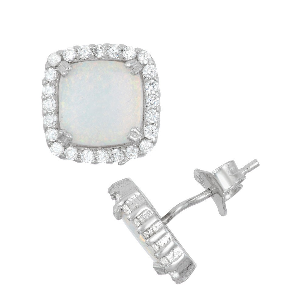 Silver Square CZ with Center White Inlay Opal Earrings