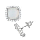Silver Square CZ with Center White Inlay Opal Earrings