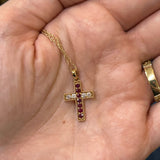Yellow Gold Red Spinel and Diamond Cross Pendant