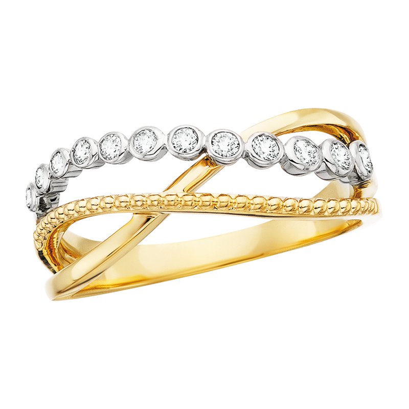 10K Yellow and White Gold 0.18 Carat Total Weight Diamond, Plain and Rope Criss Cross Band Ring