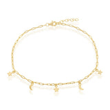 Sterling Silver Moon and Star Charms Paperclip Anklet 9+1"