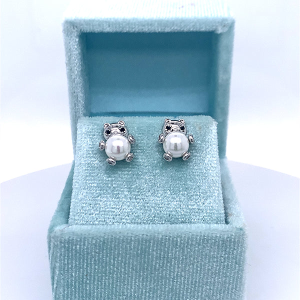Silver Little Teddy Bear Pearl Earrings Little Girl Jewelry