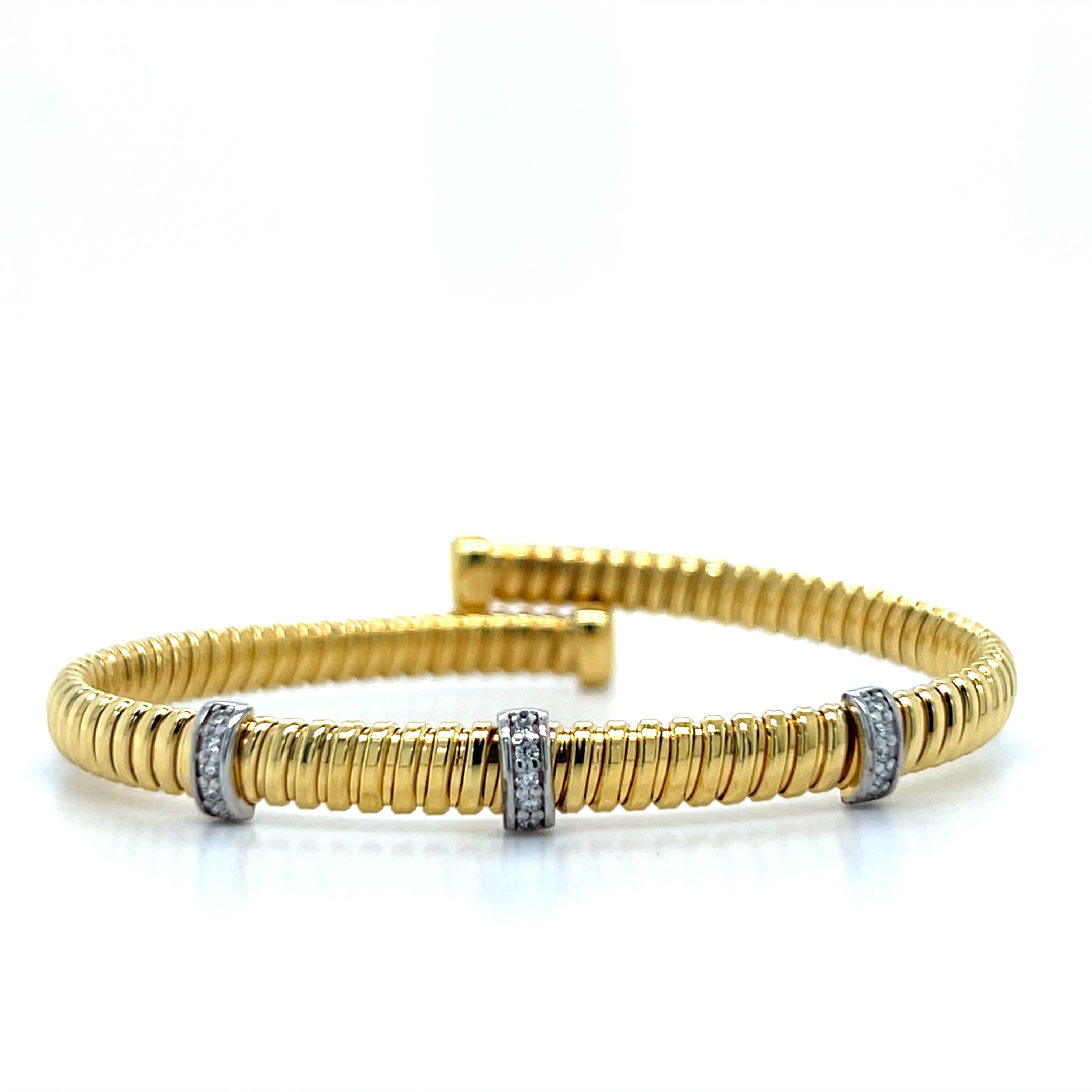 Silver Yellow Gold Plated Thin Three Station Flex Bangle with 0.12CTW Diamonds