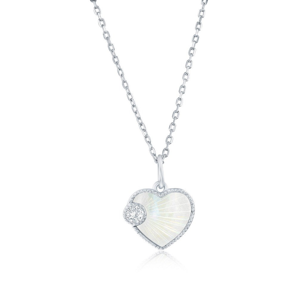 Silver Mother-of-Pearl and Cubic Zirconia Heart Necklace 16+2"
