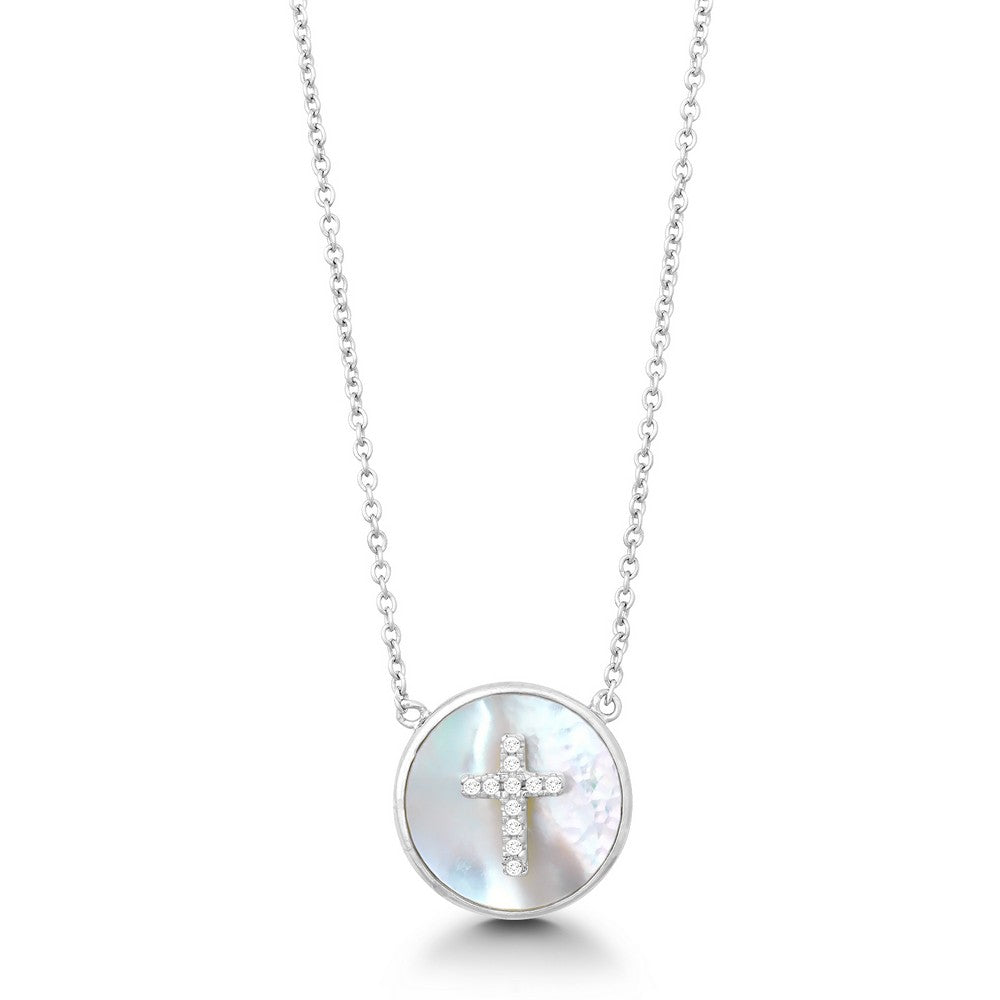 Sterling Silver Round Mother of Pearl with Center Cubic Zirconia Cross Necklace 16+2"