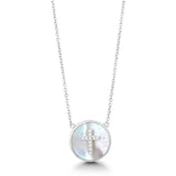Sterling Silver Round Mother of Pearl with Center Cubic Zirconia Cross Necklace 16+2"