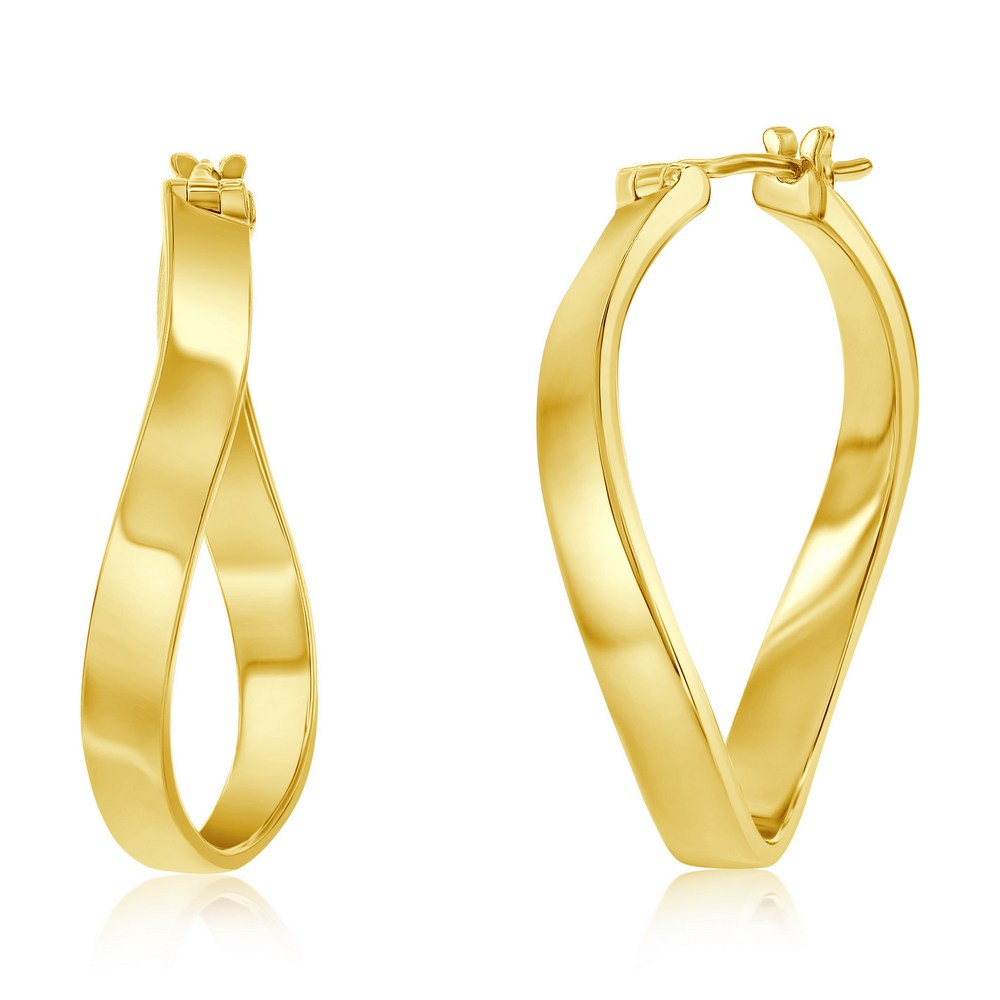 Sterling Silver Gold Plated 4x31mm Wavy Hoop Earrings