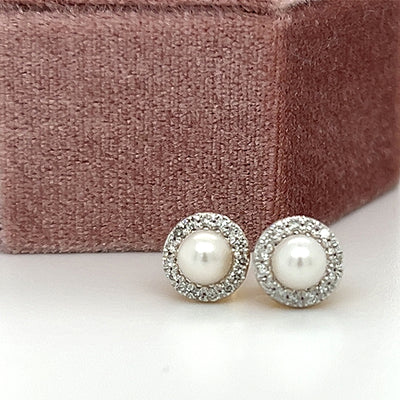 Yellow Gold Diamond and Pearl Earrings