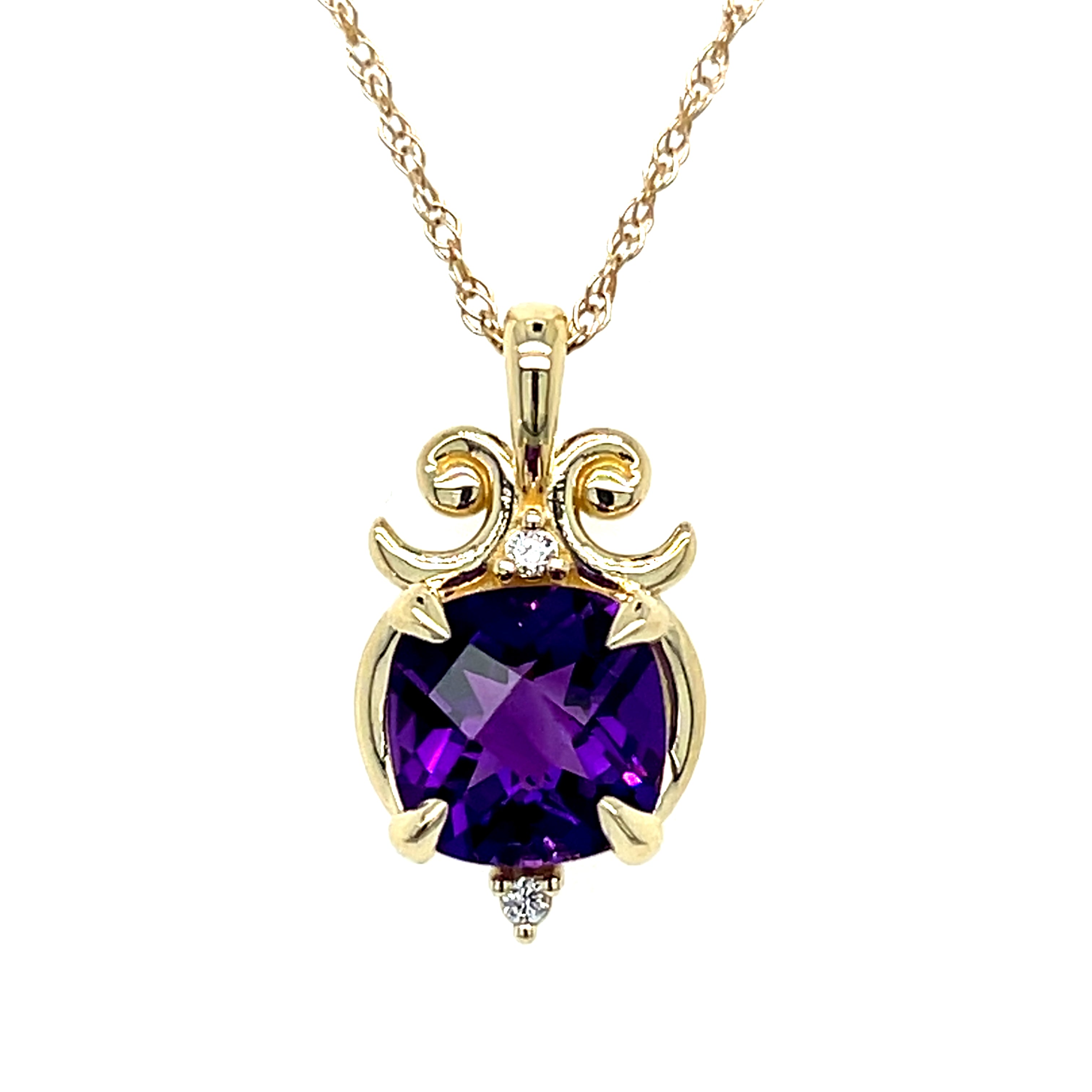 "Lottie" WJS Custom Set14K Yellow Gold 2 Carat Cushion Cut Amethyst and 0.02 Carat Lab Grown Diamond Pendant