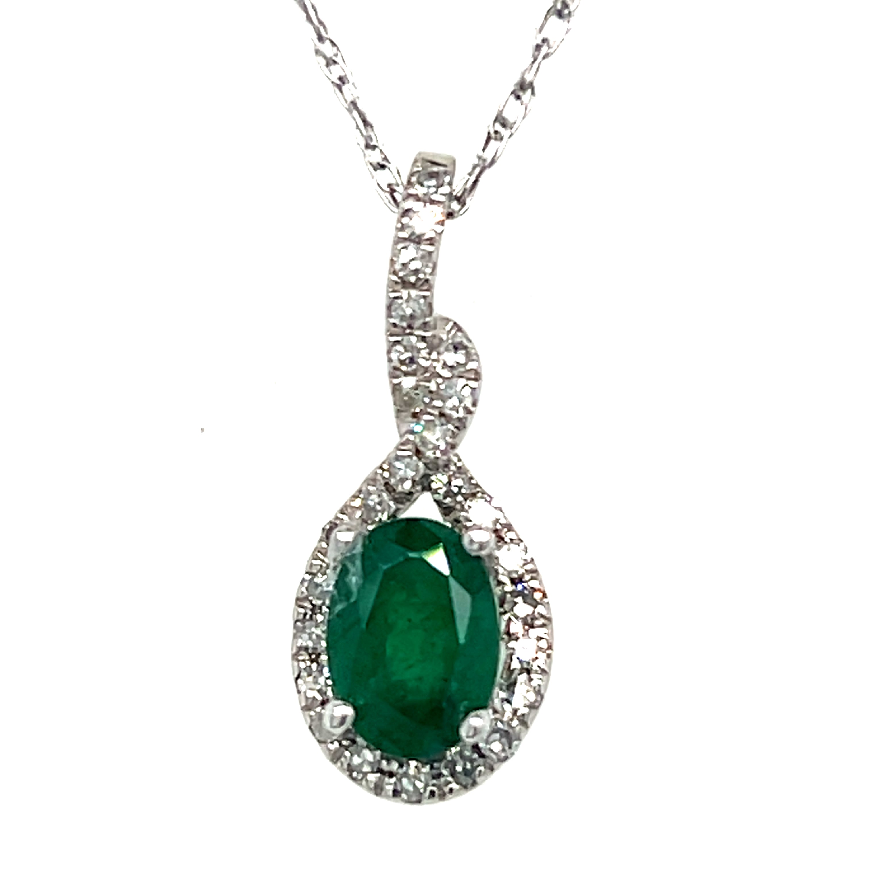 14K White Gold .24 Carat Total Weight Diamond and .80CT Emerald Pendant Necklace on 18" Chain