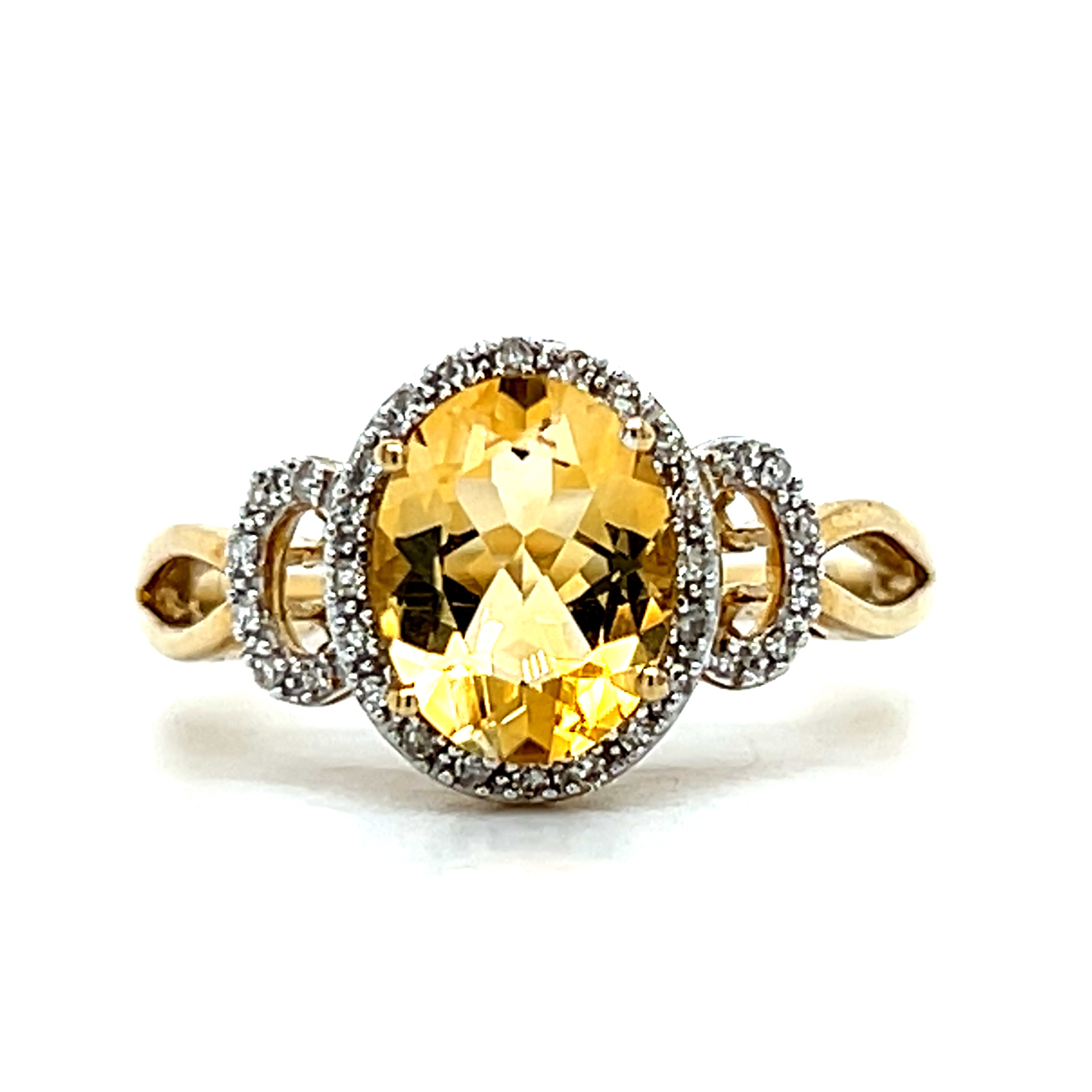 Yellow Gold Oval Citrine and Diamond Halo Ring