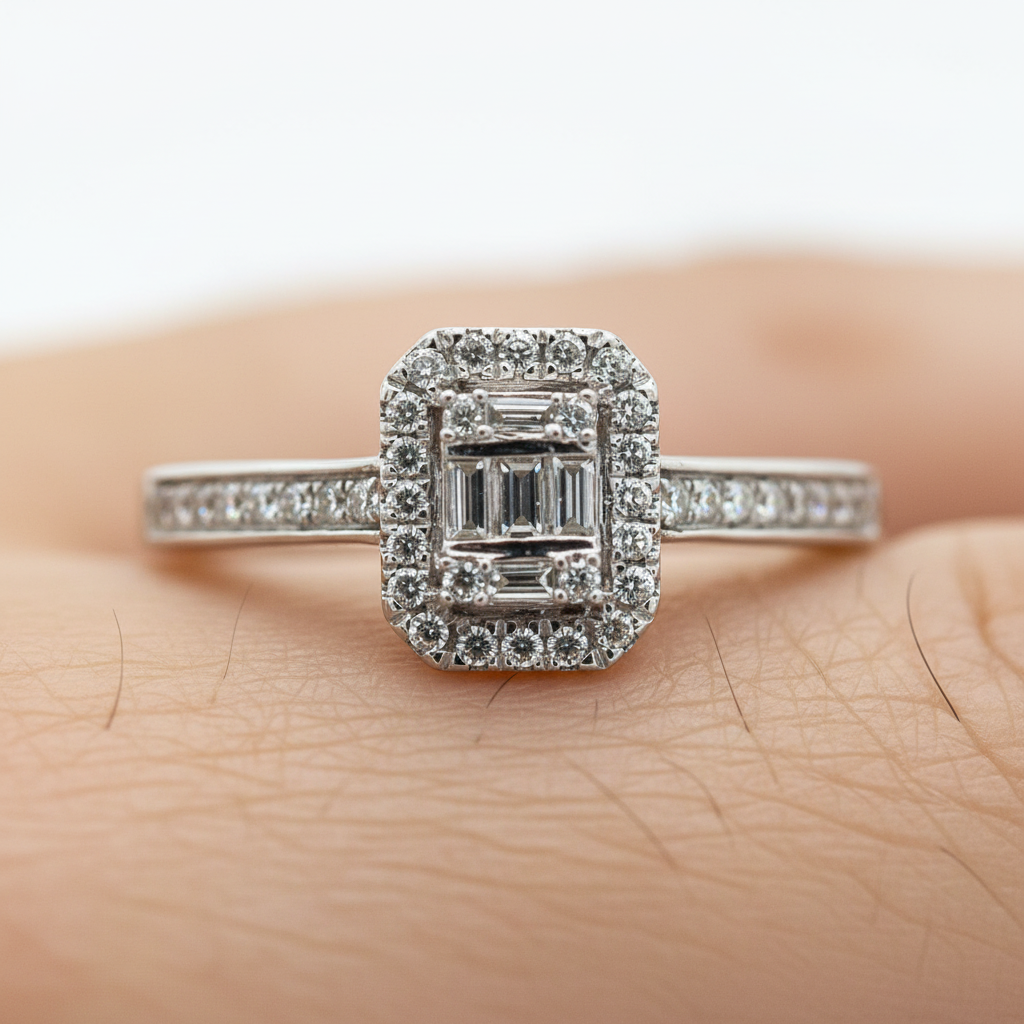 White Gold Diamond Emerald-Shaped Composite Setting Halo Bridal Engagement Ring