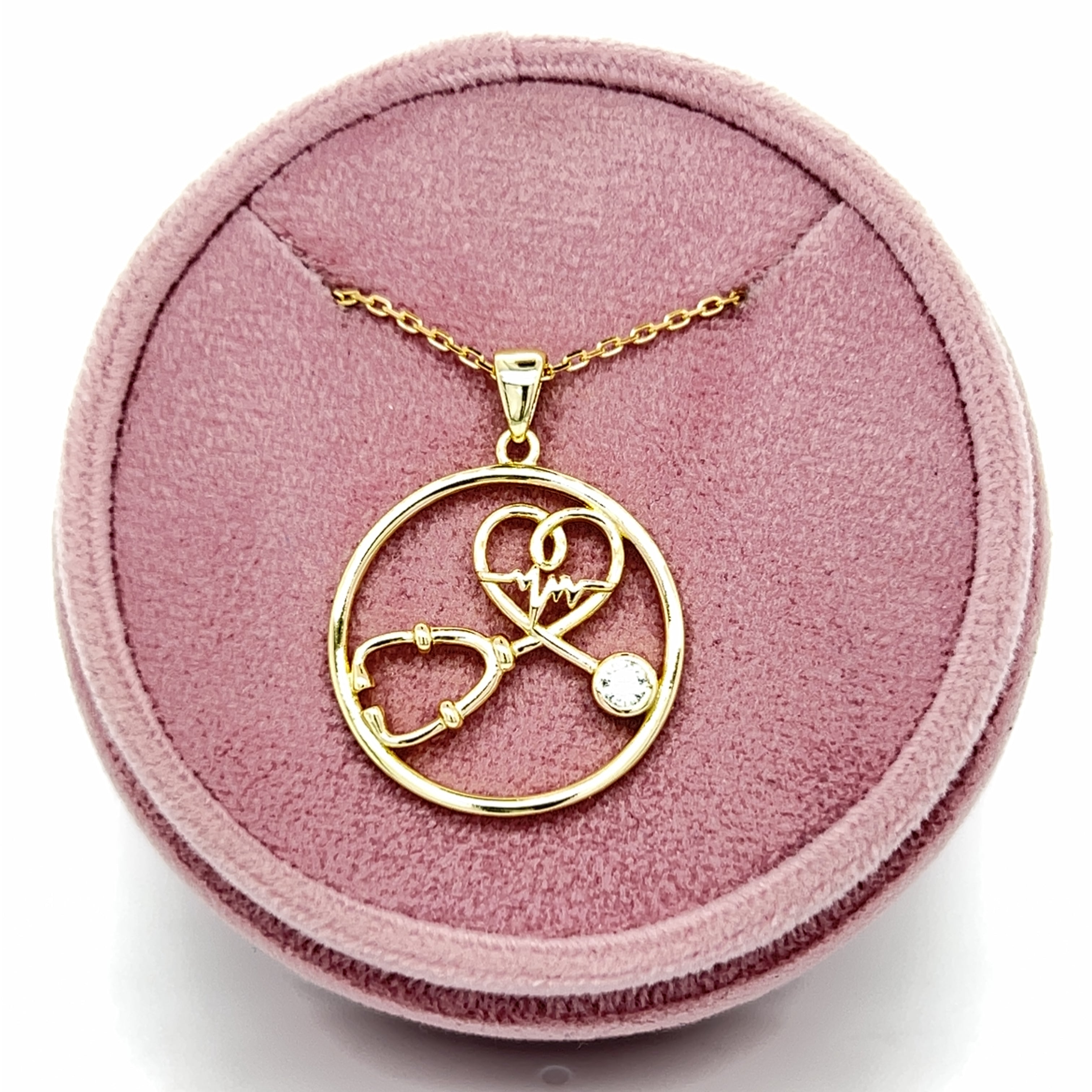 Silver Gold Plated Cubic Zirconia Stethoscope Heartbeat Circle Necklace