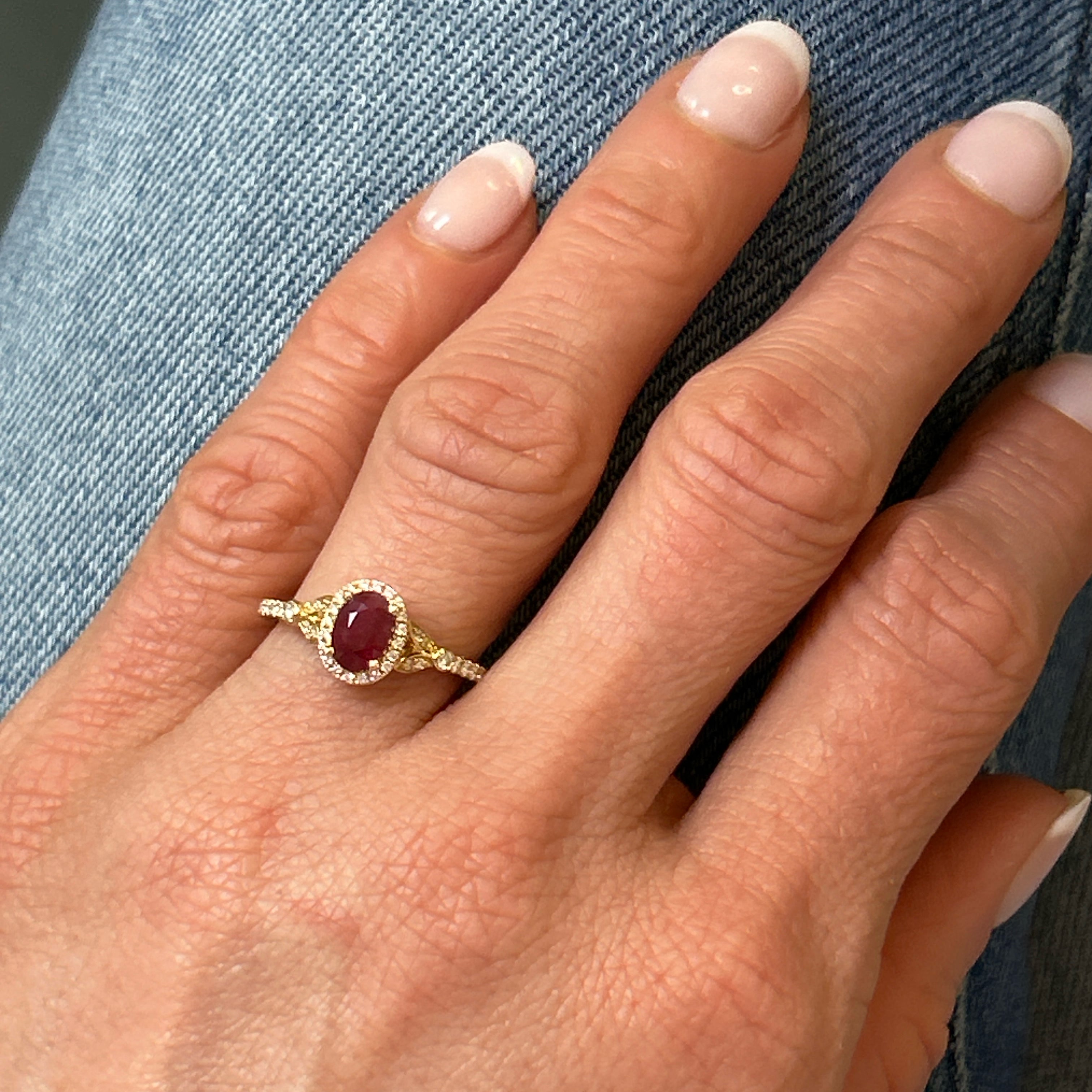 Yellow Gold 0.82CT 5x7mm Oval Ruby and 0.24 Carat Total Weight (42) Diamond Ring