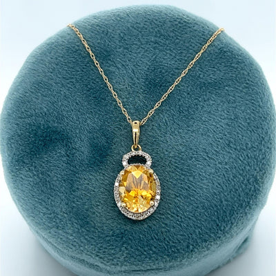 10K Yellow Gold Oval Citrine and Diamond Halo Pendant