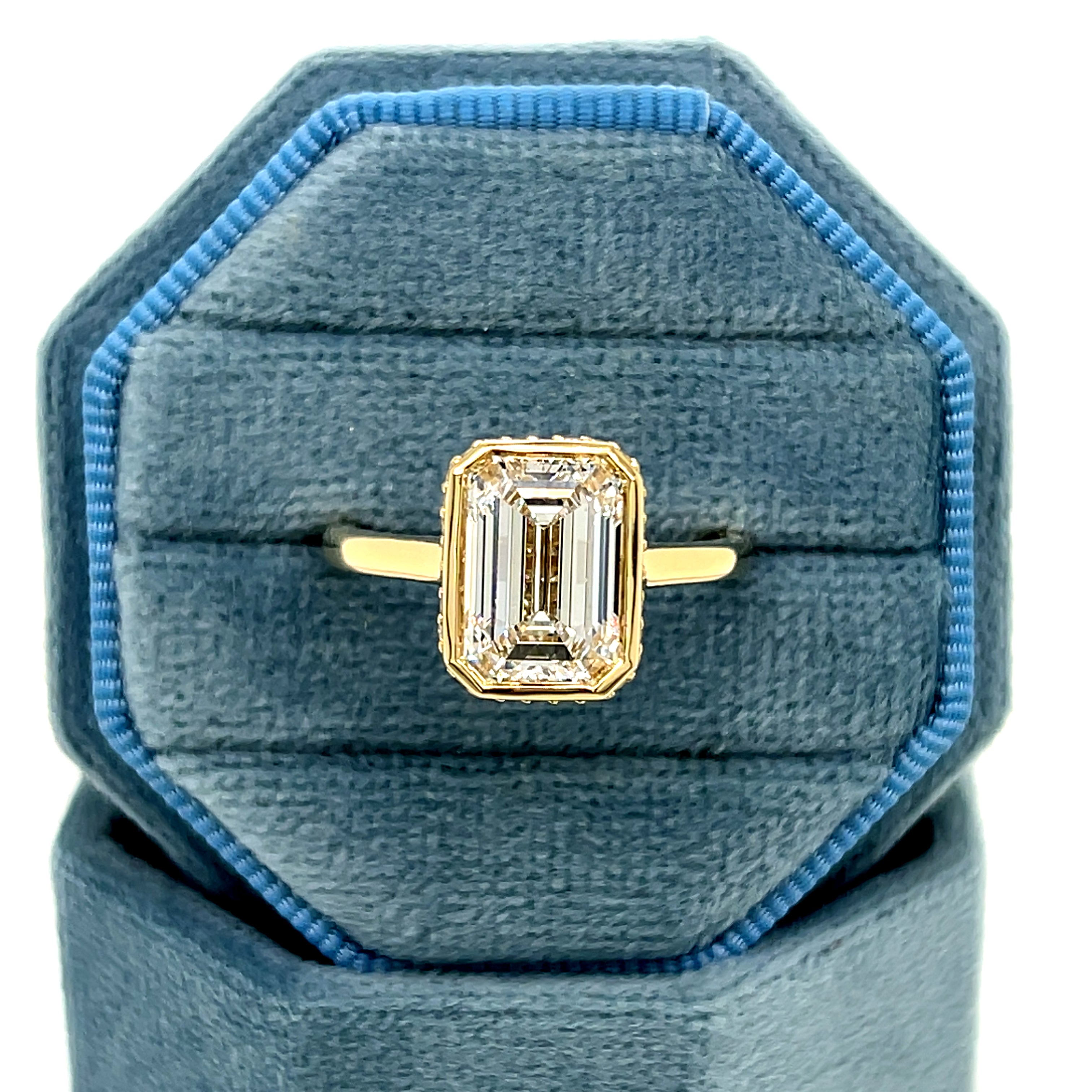 14K Yellow Gold 3.30 Carat Total Weight Lab Grown Diamond Hidden Halo Emerald Cut Engagement Ring